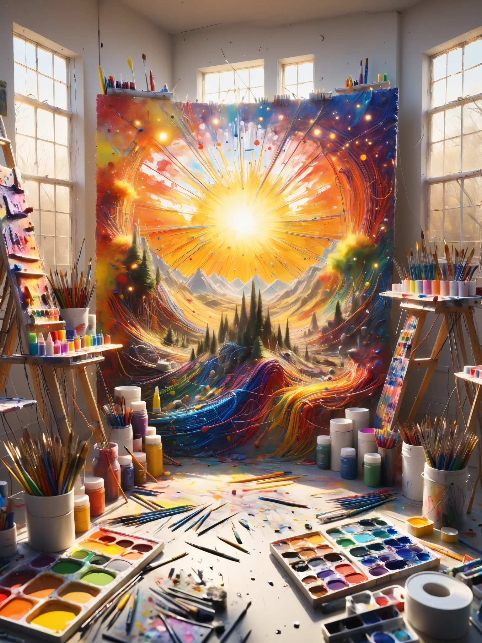AIS-Wirez painter ,  sunlight shines in, surrounded by brightly colored art supplies,  creates complex landscape paintings in an art studio where  