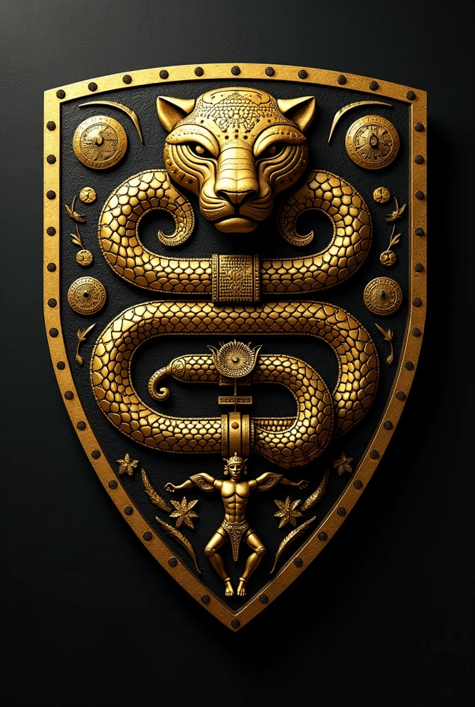 Tell me a shield with the slutty culture, That has a representative animal, That is, the snake or a jaguar and that they have some people who represent culture, Make it all black and gold and if you want add a little more color