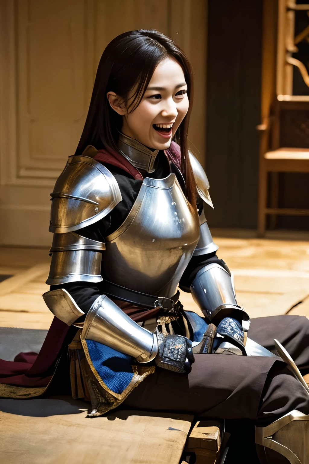 TOP QUALITY , Masterpiece, high resolution, laughing while sitting , Knight's Armor , Ready to go to the battlefield with a sword in your hand 、Ready to go to battle
