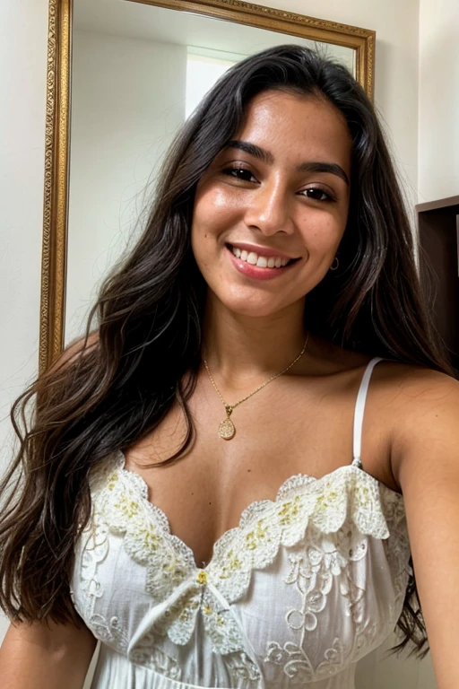 smiling woman in a floral dress, sitting on a sofa, 20 year old Brazilian, fernanda suarez, malika favre, portrait of a 20 year old woman, 20 year old woman from Cuba, powder Nándor Katona, by Felipe Device, Andreia Rocha, by Felix Arauz