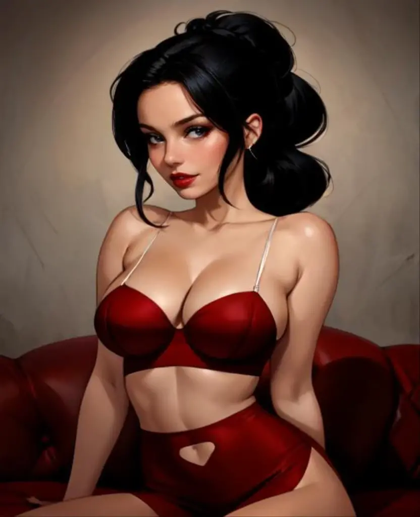one woman, short black hair,hooker clothes , inside home , sexy pose, sexy body, well defined body, detailed body, high quality, masterpiece, 4k, red headband, snow white from fairy tales, Brown eyes
