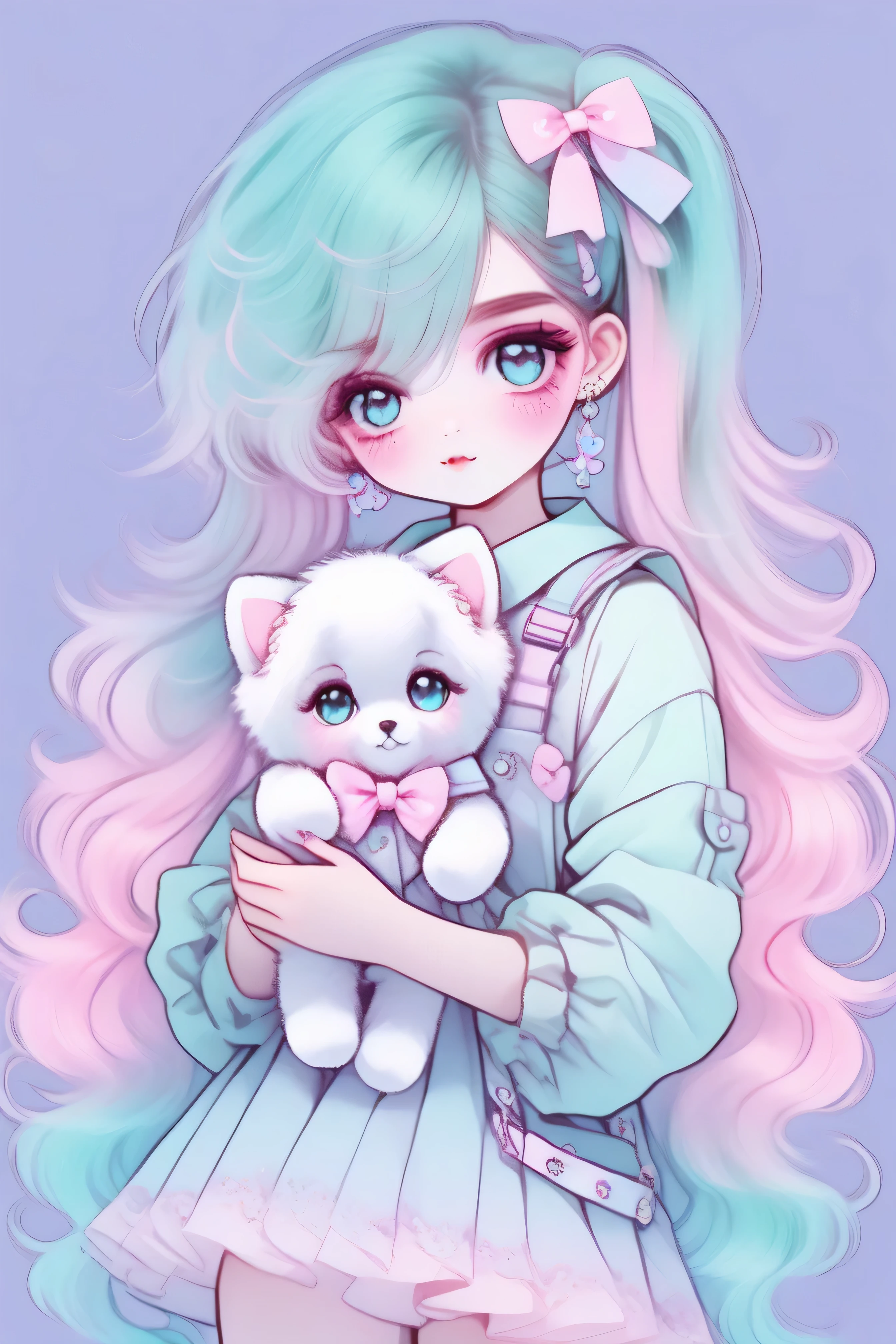 "A dreamy and highly detailed anime-style illustration of a cute girl with long, flowing pastel turquoise hair styled in twin tails. She has big, sparkling blue eyes with a soft, curious expression. Her hair is adorned with small pink bows, clips, and accessories, adding a playful touch. She wears an elegant, frilly outfit with a mix of soft pastel tones, including white, pink, and mint green. She holds an adorable plush doll that resembles her, with matching hair and a cheerful expression. The background is a soft pink gradient with subtle bokeh lighting, giving a warm and nostalgic atmosphere. The overall aesthetic is a blend of kawaii, vintage, and soft shading, making the image feel warm and delicate."