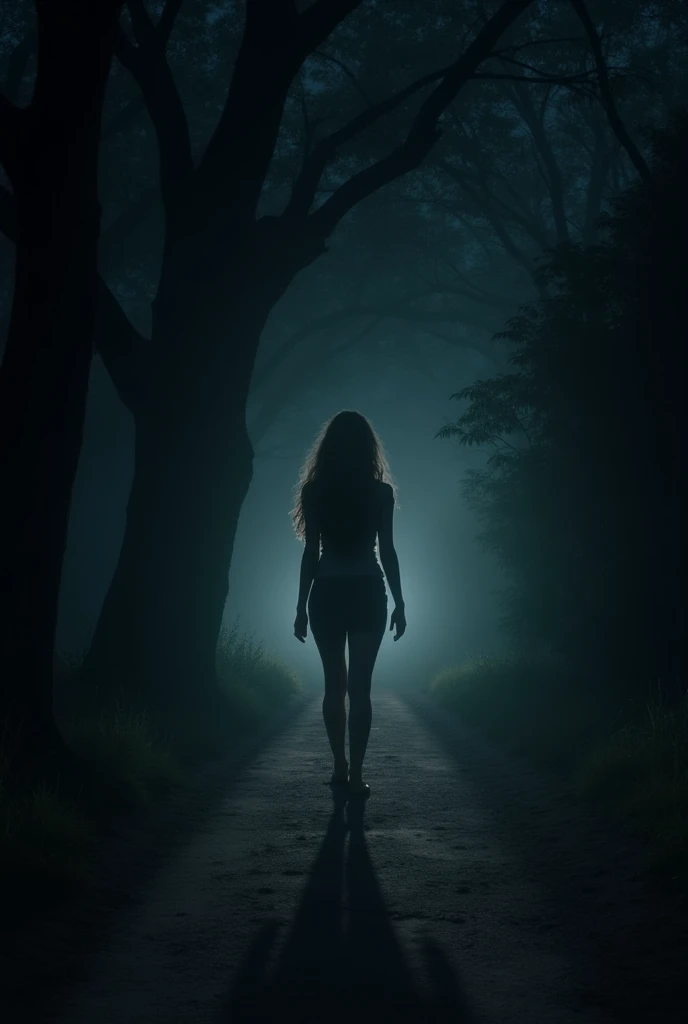 Disturbing image of a teenage girl walking shirtless and barefoot on the side of a road on a cold night, fotografia de filme de terror