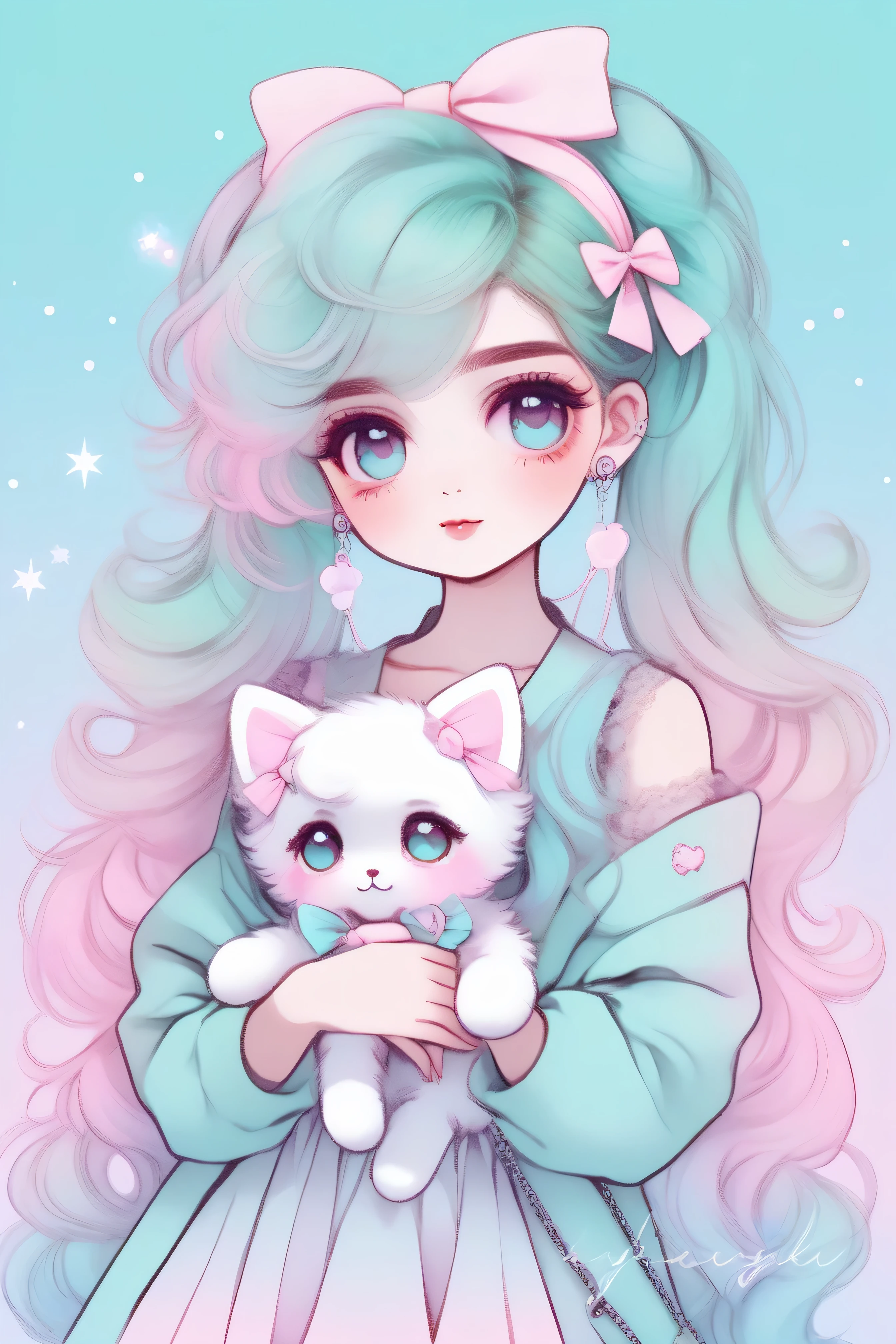 "A dreamy and highly detailed anime-style illustration of a cute girl with long, flowing pastel turquoise hair styled in twin tails. She has big, sparkling blue eyes with a soft, curious expression. Her hair is adorned with small pink bows, clips, and accessories, adding a playful touch. She wears an elegant, frilly outfit with a mix of soft pastel tones, including white, pink, and mint green. She holds an adorable plush doll that resembles her, with matching hair and a cheerful expression. The background is a soft pink gradient with subtle bokeh lighting, giving a warm and nostalgic atmosphere. The overall aesthetic is a blend of kawaii, vintage, and soft shading, making the image feel warm and delicate."