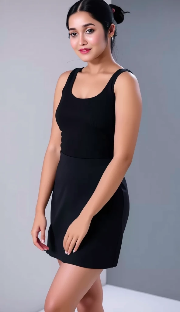 ((High resolution, High level image quality, high detail, masterpiece)), rough skin, anatomically correct, sharp, gray background ((japanese mature, 45 years old)), solo, good shape big breasts, Straight light brown hair that reaches to the shoulders, Chubby body type, (((Stand upright, from front)),t-shirts, skirt,