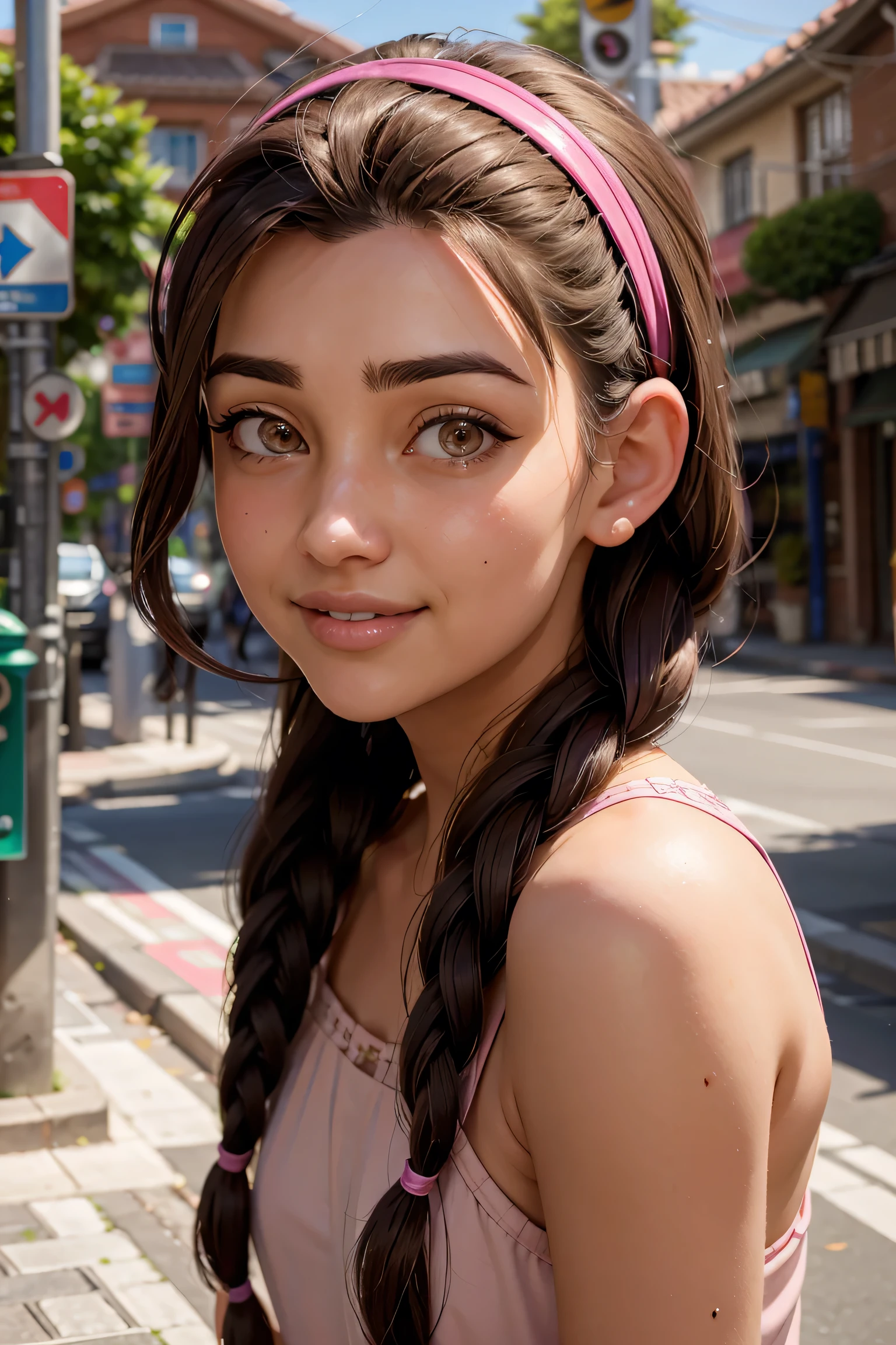 An impressive and intricate full color portrait, Ultra-HD a girl, brown hair with 2 braids, brown eyes, pink headband, detailed face, dressed in a red dress, no logos, epic character composition, alessio albi, nina masic, sharp focus, natural lighting, subsurface dispersion, f2, 35mm, in a restraunt, romantic, smiling with teeth, happy face.