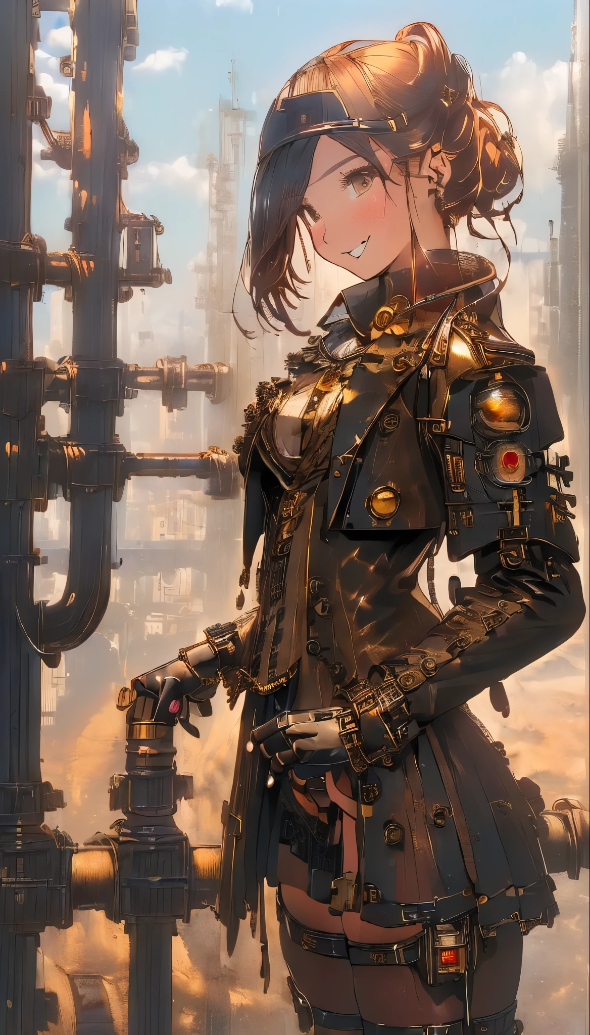 ((highest quality, 8k, masterpiece :1.3)), One girl, smile, (((Woman:1.2, Detailed body, high school Uniform))), (((steampunk))), city, Crowded buildings, exposed gear and pipes, gear, (Thick Pipe), Covered Bridge, Gloomy Weather, chimney, irregular buildings, blowjob, deepthroat
