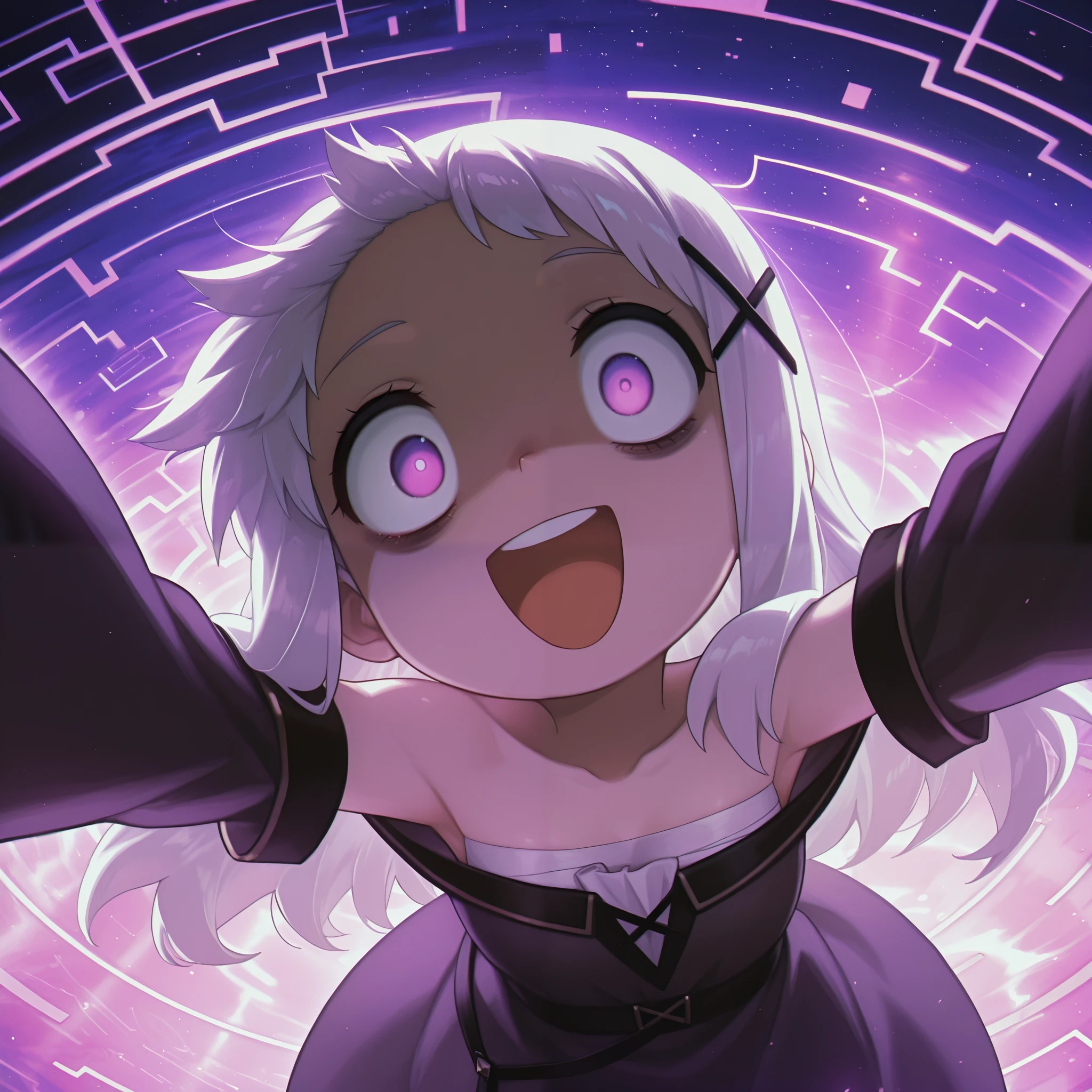 masterpiece, best quality, amazing quality, very aesthetic, high resolution, ultra-detailed, absurdres, newest, Anime screencap, highly detailed, high quality, hyper-Detailed, mistico_IL. BREAK. 
white hair, long hair, bandage over one eye, purple eyes, (glowing eyes:1.1), x hair ornament, bare shoulders, empty eyes, shaded face, from above, dutch angle from behind, shaft look, head tilt, looking at viewer, :d, (bags under eyes:1.1), (wide-eyed:1.2), spread arms, detached sleeves, sleeves past fingers upper body, purple lines, abstract background, geometric background, mature female