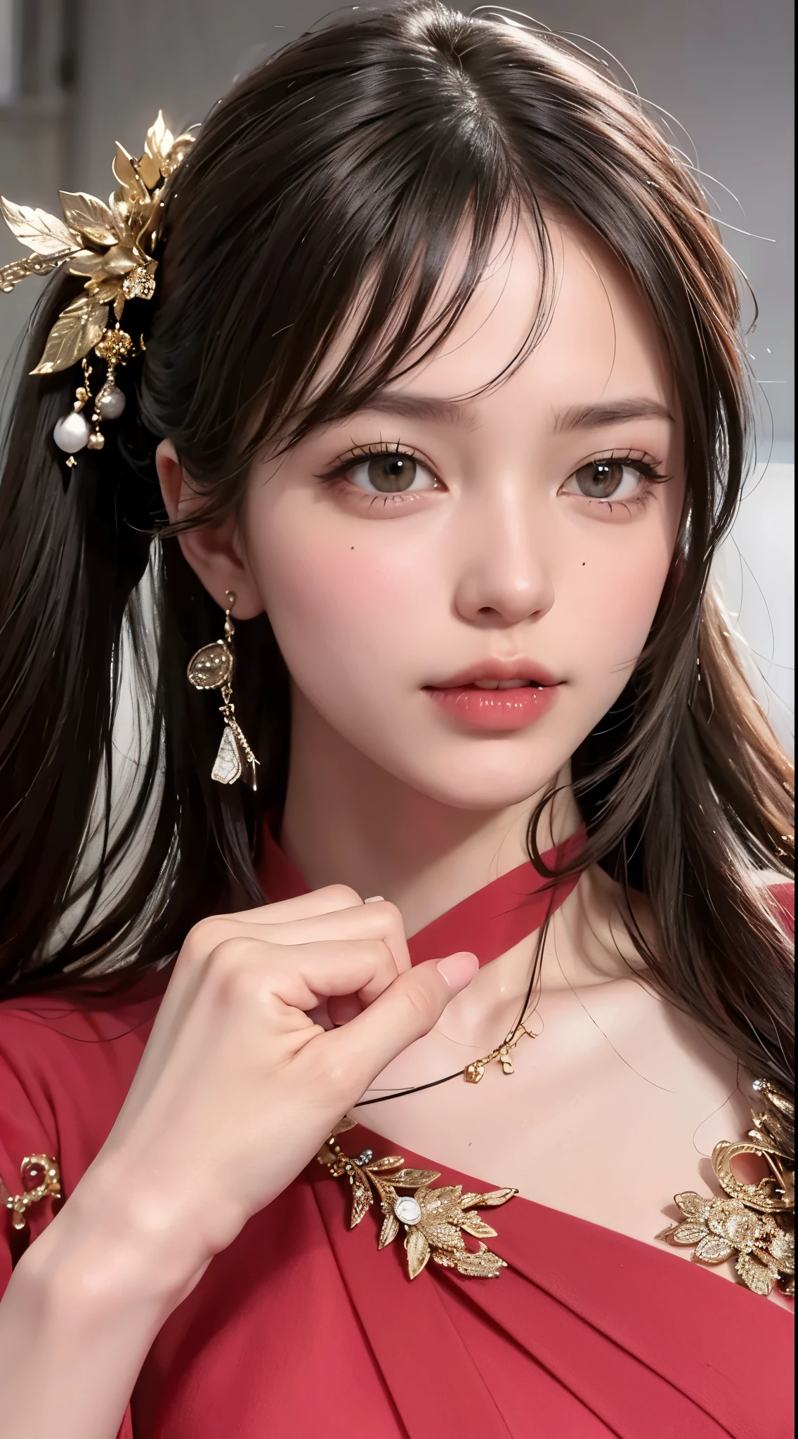 masterpiece, 1 Beautiful girl, Fine grain, highest quality, Ultra High resolution, (reality: 1.4), Cinema Lighting, Beautiful Skin, (Ultra-realistic), (High resolution), (8k), (Very detailed), ( Best illustrations), Pouting slightly, (Crystal colorful lights), Extremely refined and beautiful, beautiful detailed eyes, Round eyes, detailed facial features, (Round pupils:1.4), (alluring face), Glistening Lips, smile, (small breasts:1.3), (cleavage:1.3), Open lips, (Beautiful and detailed face, Beautiful and delicate eyes), pink cheek, mascara, brown hair, long hair, shoulders protruding, ((Drop shoulder)), Too much exposure, sex appeal, Sexy gravure pose, (wearing kimono), ((Correct Anatomy)), ((Sit in an floor)), ((Cross legs)), (((((see through:1.1), Exposed thighs, Beautiful thighs, Showing off thighs)))), ((Beautiful feet)),