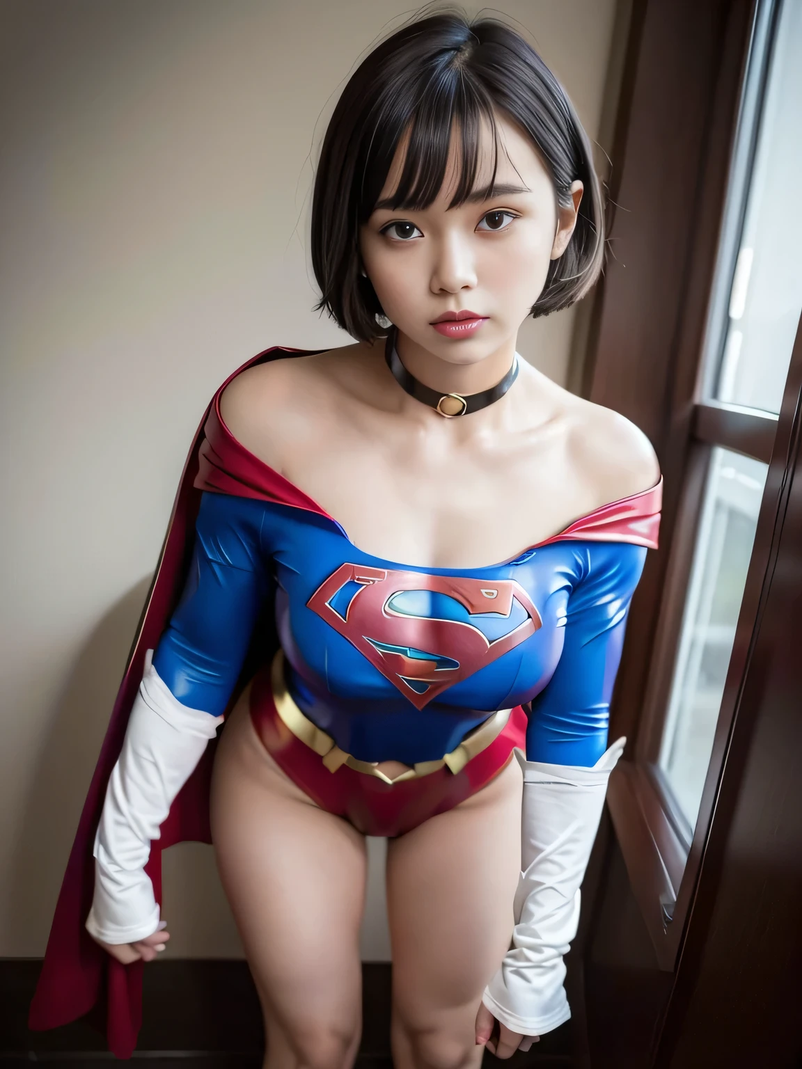 masterpiece、supergirl costume、short hair、barefoot、big and full breasts、Crisis situation、Complete surrender、prison、in a cage、torture、kneel down、sweaty、shiny、looking at camera、Seduce、choker、long sleeve、red sexy pose、POW camps、humiliating