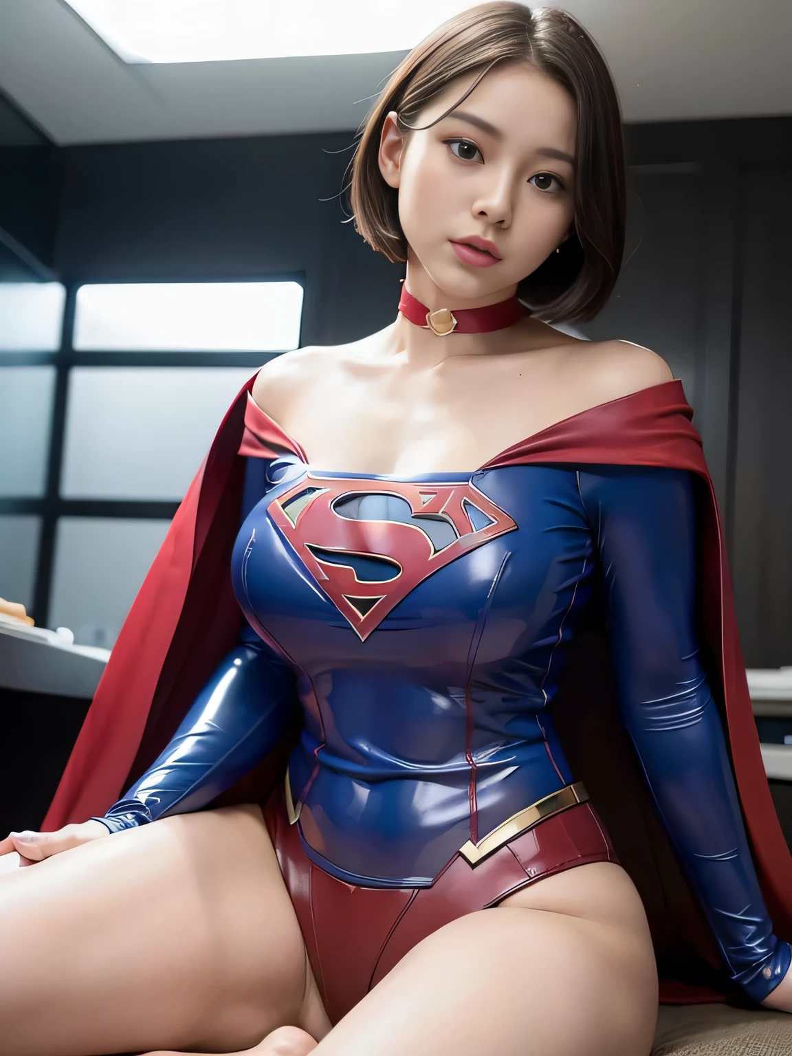 masterpiece、Enamel Supergirl Costume、short hair、Hospital operating table、Crisis situation、big and full breasts、looking at the camera、shiny、off shoulder、choker、long sleeve、red exy poses to seduce、sweaty、model body shape、Glamorous、charm、charming、abused、