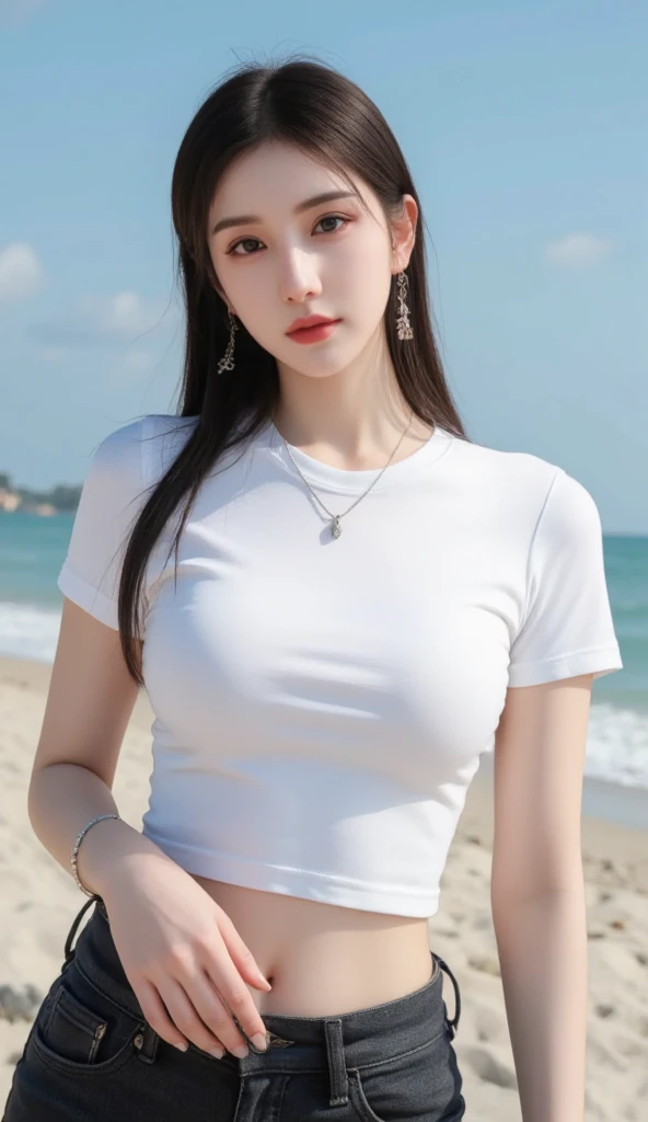 ((Masterpiece:1.8)) Ultra HD Ultra High Resolution 8K Realistic portrayal Realistic Realistic Face Realistic Very detailed delicate Clear skin Full body photo Long-distance photo beautiful coastline Anatomically correct body shape Pink Short Hair thick lips Not too big eyes Beautiful nose There are large tear bags(((tear bag))) ((Hot summer, sweaty skin, sweat flowing)) Tight white t-shirt Denim skirt His black underwear is visible under his T-shirt underboob ((small breasts)) Cross your arms Stand on your knees