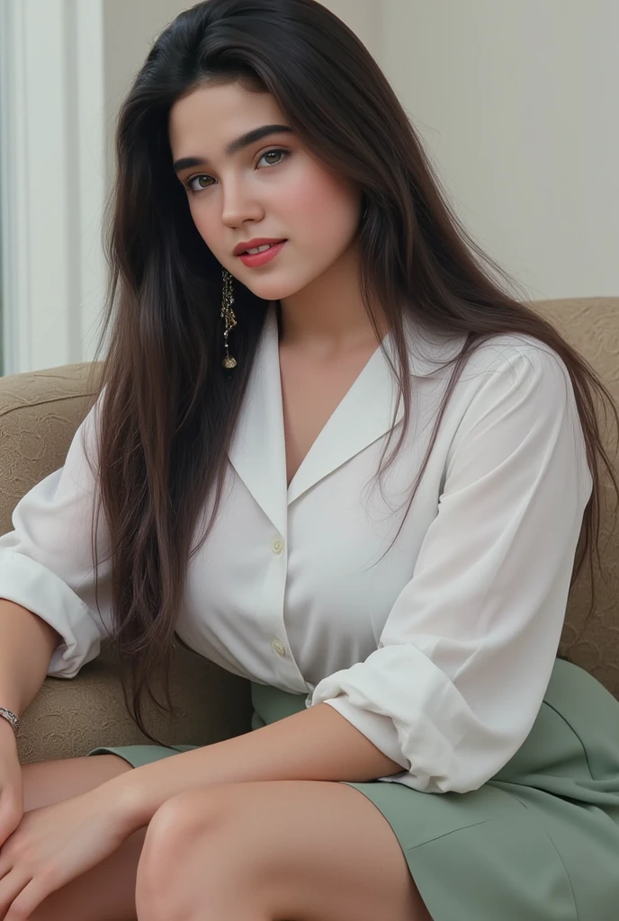 incredibly beautiful girl, big beautiful eyes, long fluffy eyelashes, full lips, makeup, sparkling mist, shine, complex hairstyle, medium plus size woman, hyper-realistic, ((An Elegant Woman, Wearing White Blouse, Brown Jeans, Wearing Gold jewelry, sitting on the floor leaning on the sofa, around a stylish, minimalist room, looking at the camera, round face, 8k photo)) full red lips, round face, body art, jewelry, dark background, aesthetic, beautiful , realistic, high resolution, super detailed, professional photo, super detailed, close-up, hyperrealism, masterpiece, embroidery, lace, hyperrealism, super detail, body art, fashion style, realism, professional photo, work of art - cousin