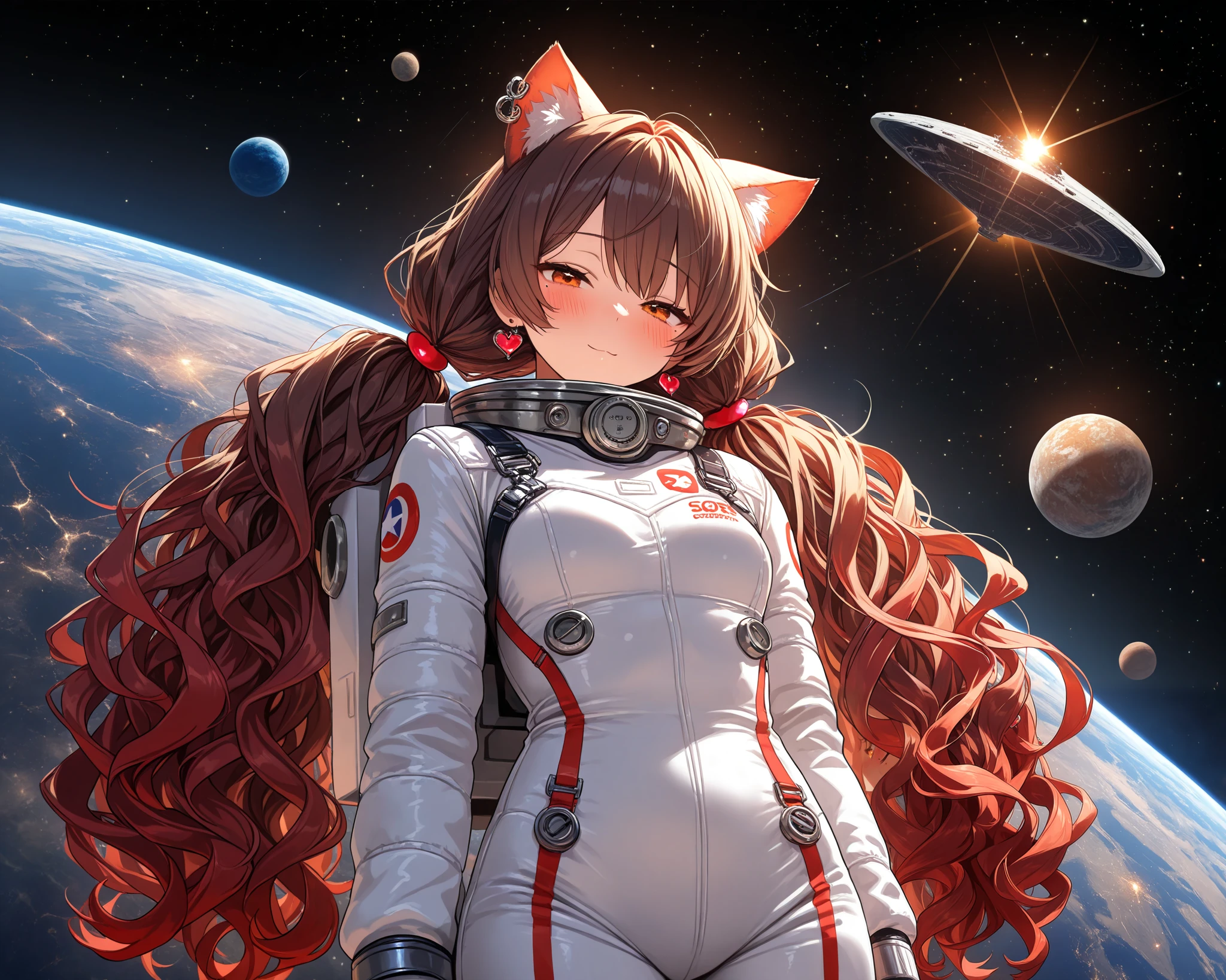 cowboy shot, cat ears, very cute face, cute girl, solo, long hair, wavy hair, low twintail hair, ((brown hair with red ends)), Mole under the left eye, half closed eyes, orange eyes, flat breasts, An astronaut costume, heart Pierced earrings, blush, flawless smooth skin, space, space ship,
particles, planet, fractal, (best quality,4k,8k,highres,masterpiece:1.2),ultra-detailed,intricate details, high fashion, dramatic lighting, warm colors, chiaroscuro