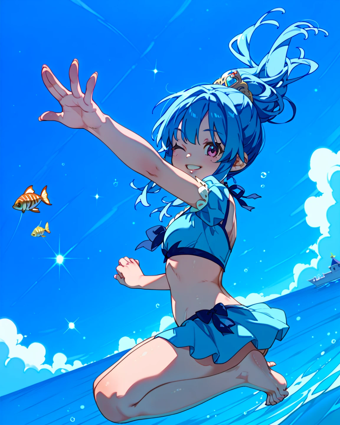 masterpiece, fine details, 4K, 8K, 12K, Solo, Single, Beautiful girl, Caucasian woman, Lori, ((((Cirno))), Touhou Project, Light blue hair, wavy hair, blue ribbon in hair, ice feathers, swimsuit 👙, Bikini, Small tits, Blush, Shy, Wet clothes, Wet hair, Beach