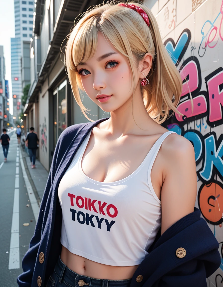 (8k, RAW Photos, Highest quality, masterpiece:1.2), (Realistic, photo-Realistic:1.4), (Highly detailed 8K wallpapers), ((Full Body Shot)), (1 girl), Sharp focus, Depth of written boundary, Cinematic lighting, Soft Light, 緻密な美しさのeye, eye_Chan, Very beautiful 17 year old girl, innocent big eyes, Realistic, photo Realistic, Highly detailed cute girl, (Thin thighs), (Model Body Type), (((New York Yankees T-shirt))), ((Micro Mini Tight Skirt)), (((Fold your arms in front of your chest and act arrogantly))), ((A happy smile)), Parted lips, Watching the audience, (On the streets of New York) , (Blonde),(Short Bob Hair), (Asymmetrical bangs)