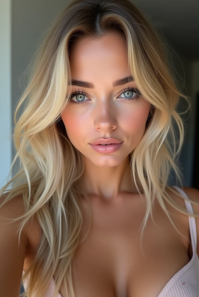 Fille blonde blanche aux longs cheveux blonds. Corps mince et sexy. photo selflie. Bouche fermée. Realiste. Simple