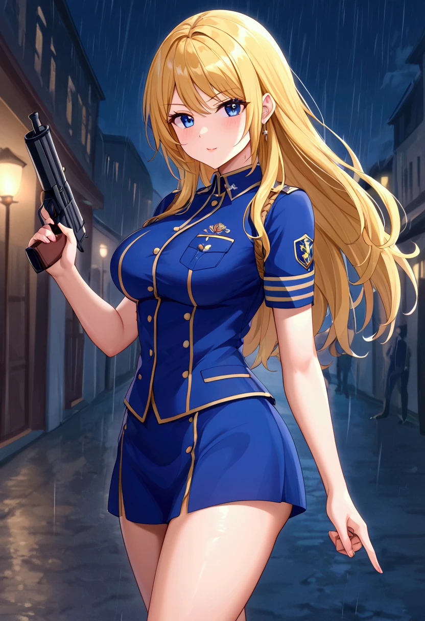 1 female、 American Beauty、 super beautiful、facial beauty、blue eyes、standing、 NYPD Uniform 、 miniskirt、golden hair、Night Street、 illuminate from the background 、 The wind is blowing 、He' it's raining、He está mirando intensamente el cañón del arma.、thigh shot 、pointing a gun