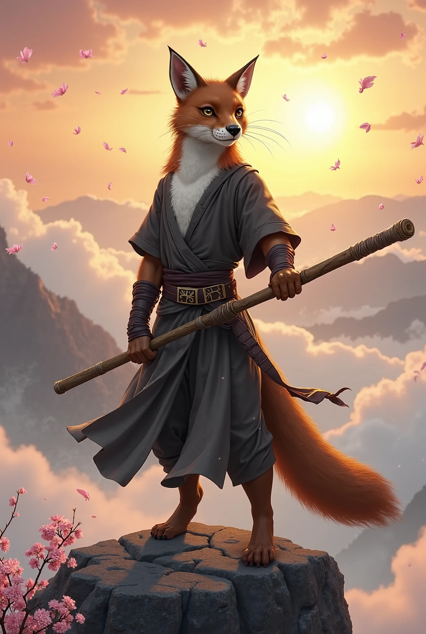 Fantasy DnD-inspired mink monk character, standing atop a misty mountain peak at sunrise. The monk is a lithe anthropomorphic mink with sleek brown fur and a white underbelly. Their eyes are calm but sharp, reflecting discipline and inner strength. They wear a simple dark-gray tunic with a high slit for mobility, secured with a leather sash, and their arms and legs are wrapped with cloth for protection. One paw clutches a wooden bo staff wrapped with talismans, while the other is outstretched in a graceful martial stance. The wind stirs their tunic and long tail as cherry blossom petals drift around them. Dynamic lighting emphasizes the golden light of dawn illuminating the swirling clouds and distant mountain range.