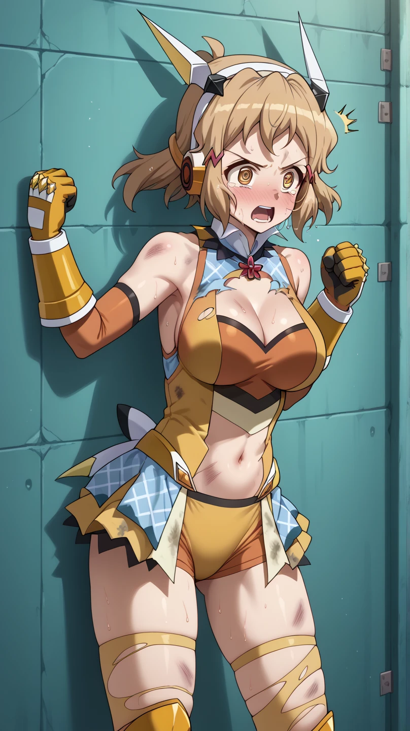  blonde, gloves, Yellow Eyes, Hands on hips, Gold earrings, Large Breasts, jewelry, Heart-shaped, (Symphogear Uniform), (epaulet), Jacket, Harness, Thigh straps, Black thigh-high boots, skirt, (pencil skirt), miniskirt, Frowning, Wicked Smile, Open your mouth, Grin, Huge breasts, Cowboy Shot