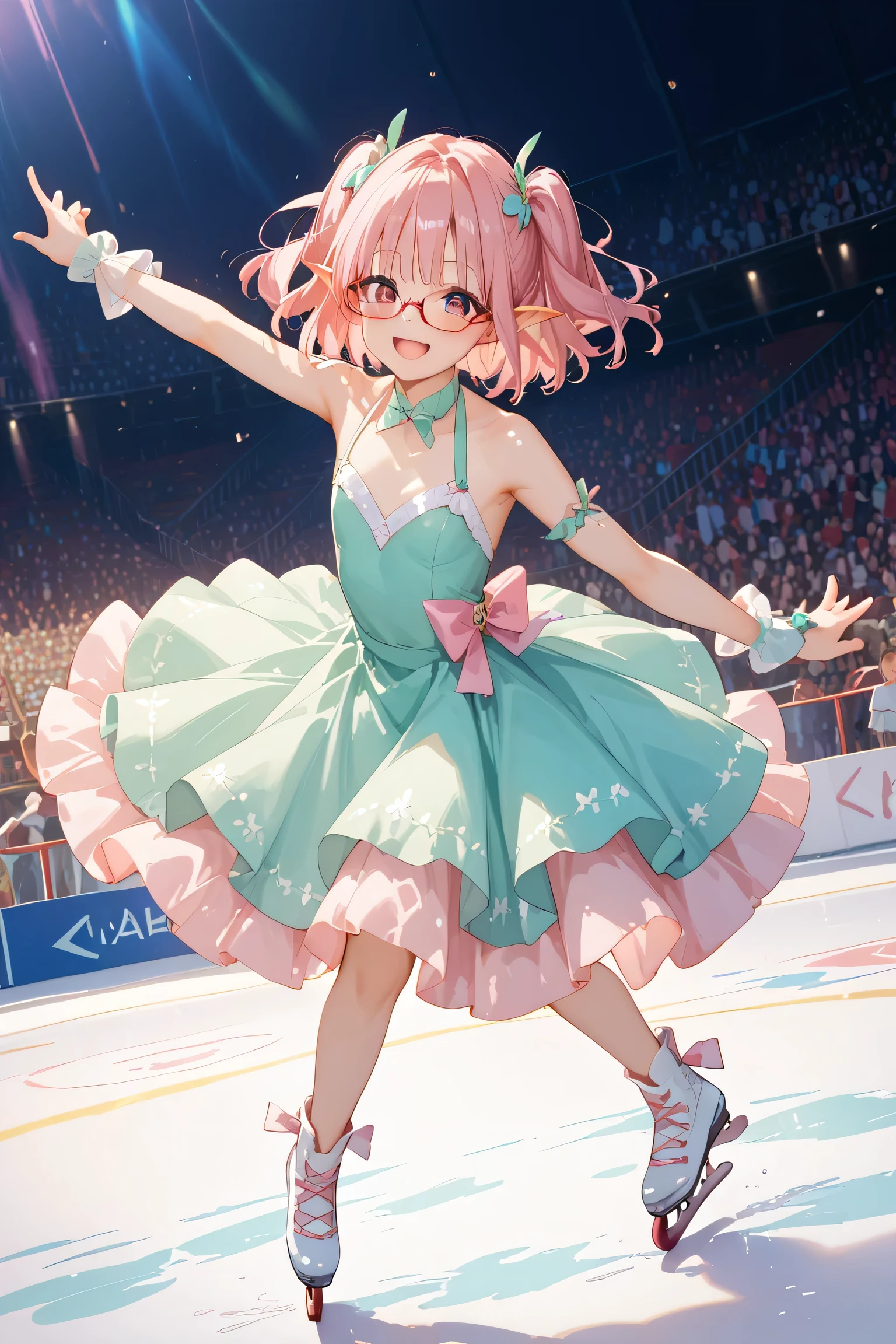 figure skating, dancing on grand ice skating exhibition,crowd, cinematic lighting, high quality, masterpiece, <lora:girllikefigureskating:.6>
greatfairy, blue eyes, long pink hair, green dress, looking happy, smiling, leg raised, <lora:greatfairy-tloz-richy-v1:.8>