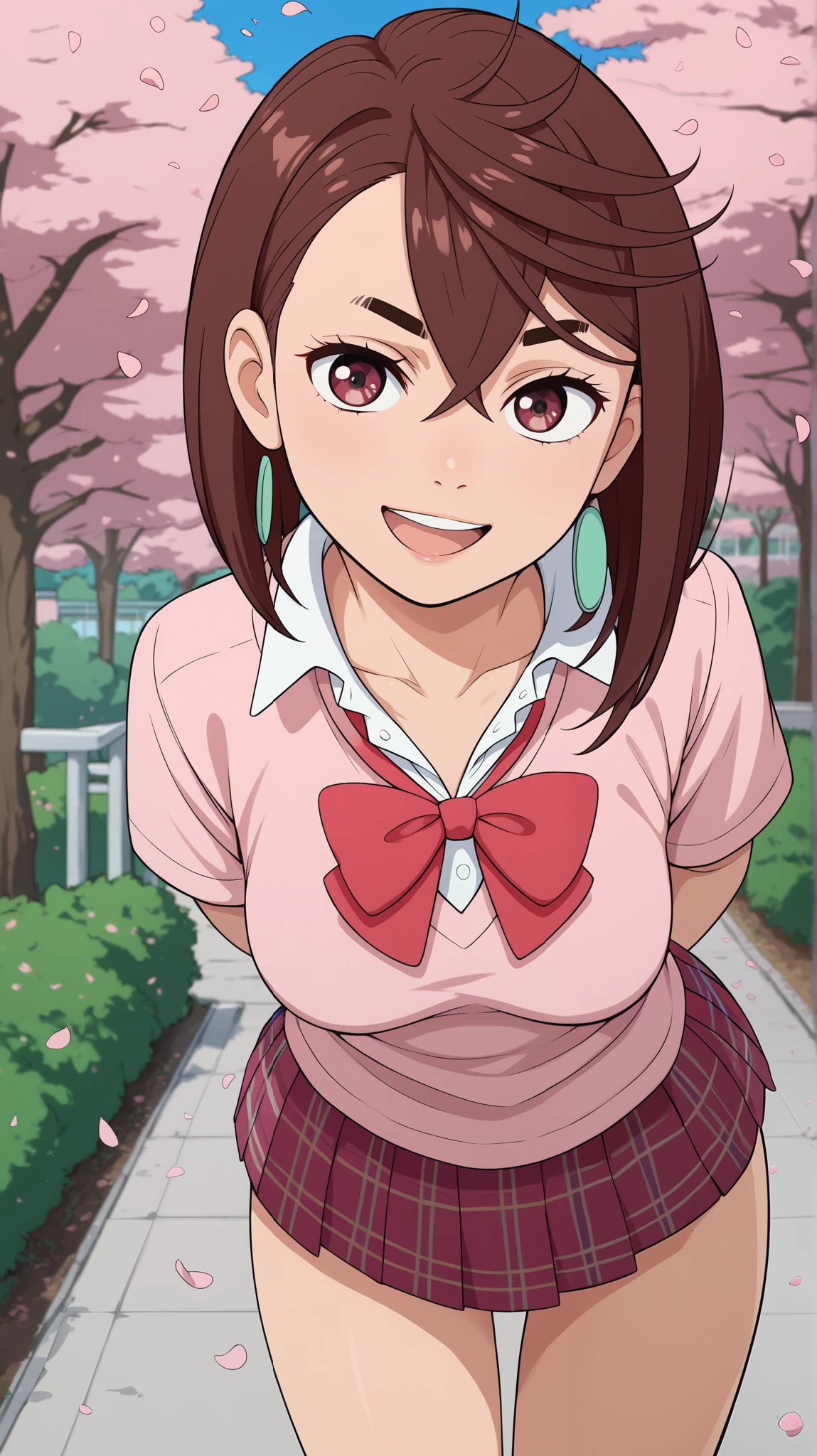 momo ayase, short hair, brown hair, brown eyes, bangs, thick eyebrows, medium breasts, breasts, collarbone, school uniform, collared shirt, white shirt, short sleeves, plaid skirt, open mouth, arms behind back, standing, leaning forward, cowboy shot, cherry blossoms, outdoors, smile, tight clothes