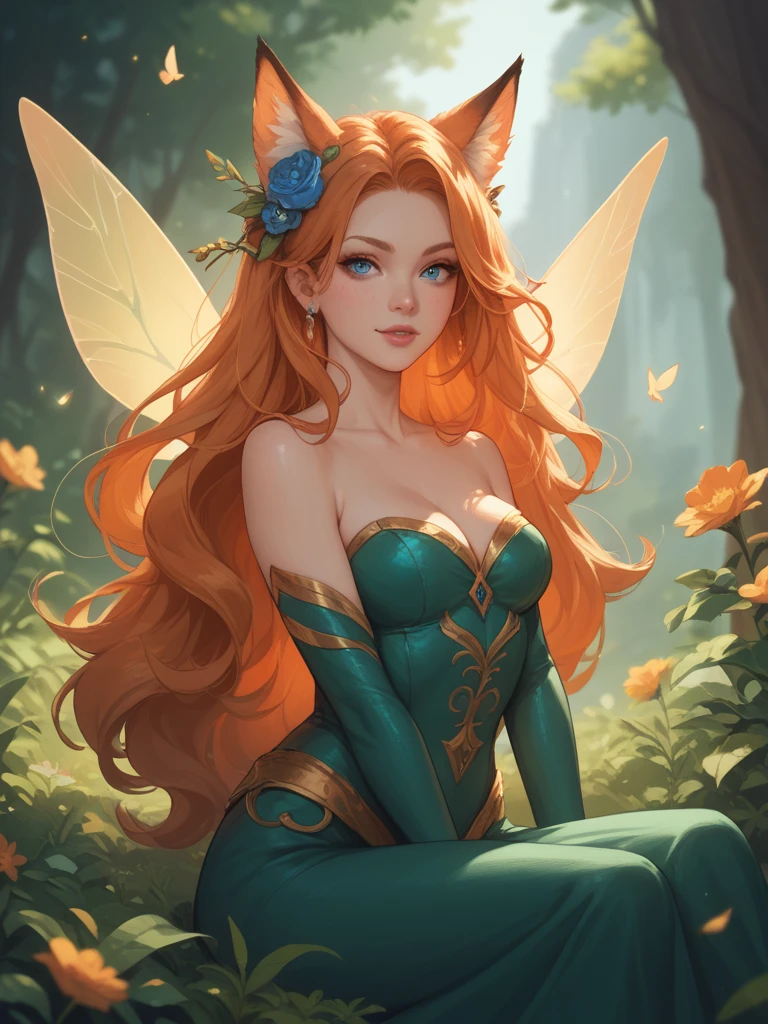 Best Picture Quality, Masterpiece Level, Ultra High Resolution, Realism, Fantasy, fulllength, A Girl, Single, Scatter, wood elf, in forest, midriff, thighs, ginger hair, green eyes, butterfly wings, perfect face, perfect body, wings, perfect breasts