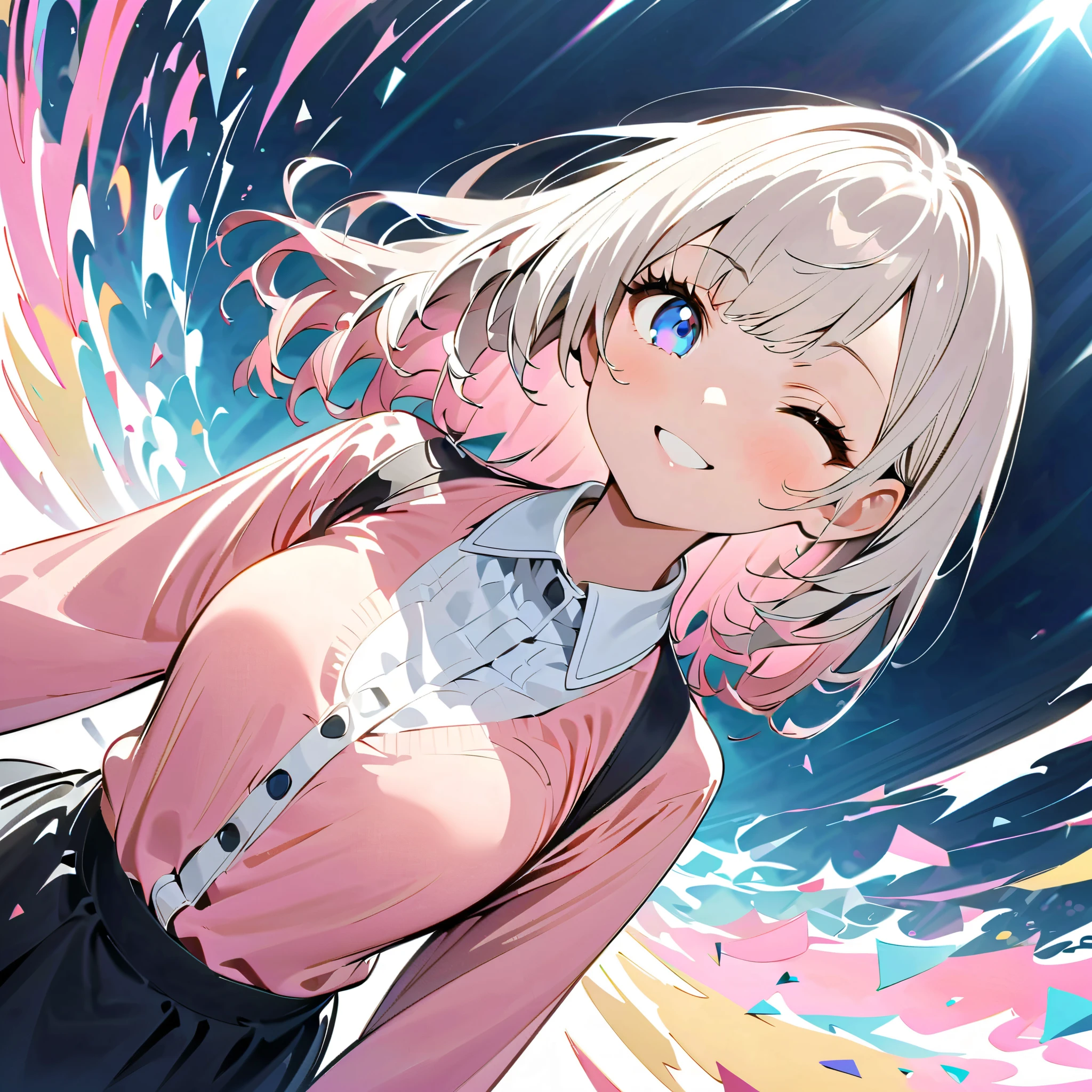 The perfect style for SNS icons, Ultra Precise Illustration , highly Details, dynamic angle, beautiful Details, 8k, A woman stares at them, break smiling amidst the colorful scenes.( top quality、 Masterpiece、 high resolution、 Details)Animeスタイル、 flat style 、( Eyeliner、 Details美しい顔), break, dynamic angle、Anime