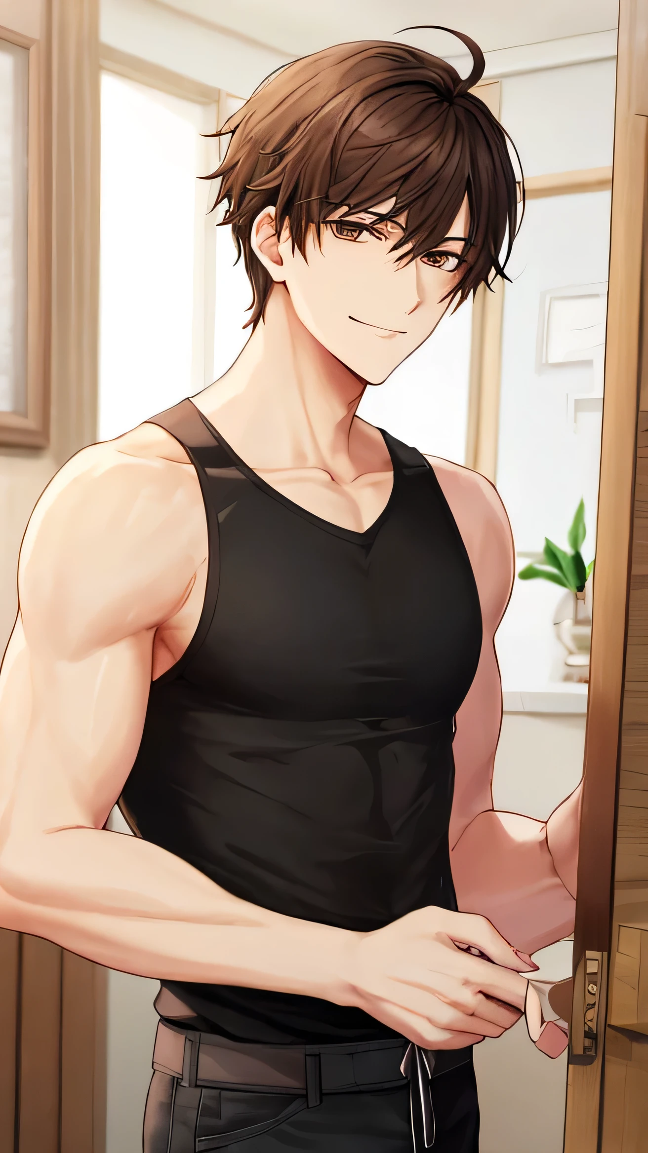 A handsome and dependable man with brown hair and brown eyes, standing at the entrance, warmly smiling as he welcomes the viewer. His expression is kind and inviting, his eyes filled with warmth and affection. His strong jawline and well-defined cheekbones add to his intelligent yet masculine charm. He has a well-built, muscular physique, emphasized subtly through his posture. He is wearing casual loungewear, such as a loose-fitting T-shirt or a comfortable cardigan over a tank top, ensuring a modest yet alluring appearance. The scene is set in a cozy entranceway with soft, warm lighting, creating a welcoming and intimate atmosphere. His upper body is fully visible within the frame, maintaining a well-balanced composition. The background is softly blurred, ensuring the focus remains on his gentle presence. The art style is highly detailed anime with smooth shading and expressive eyes.medium close-up shot, upper body in frame,standing at the entrance, welcoming the viewer
