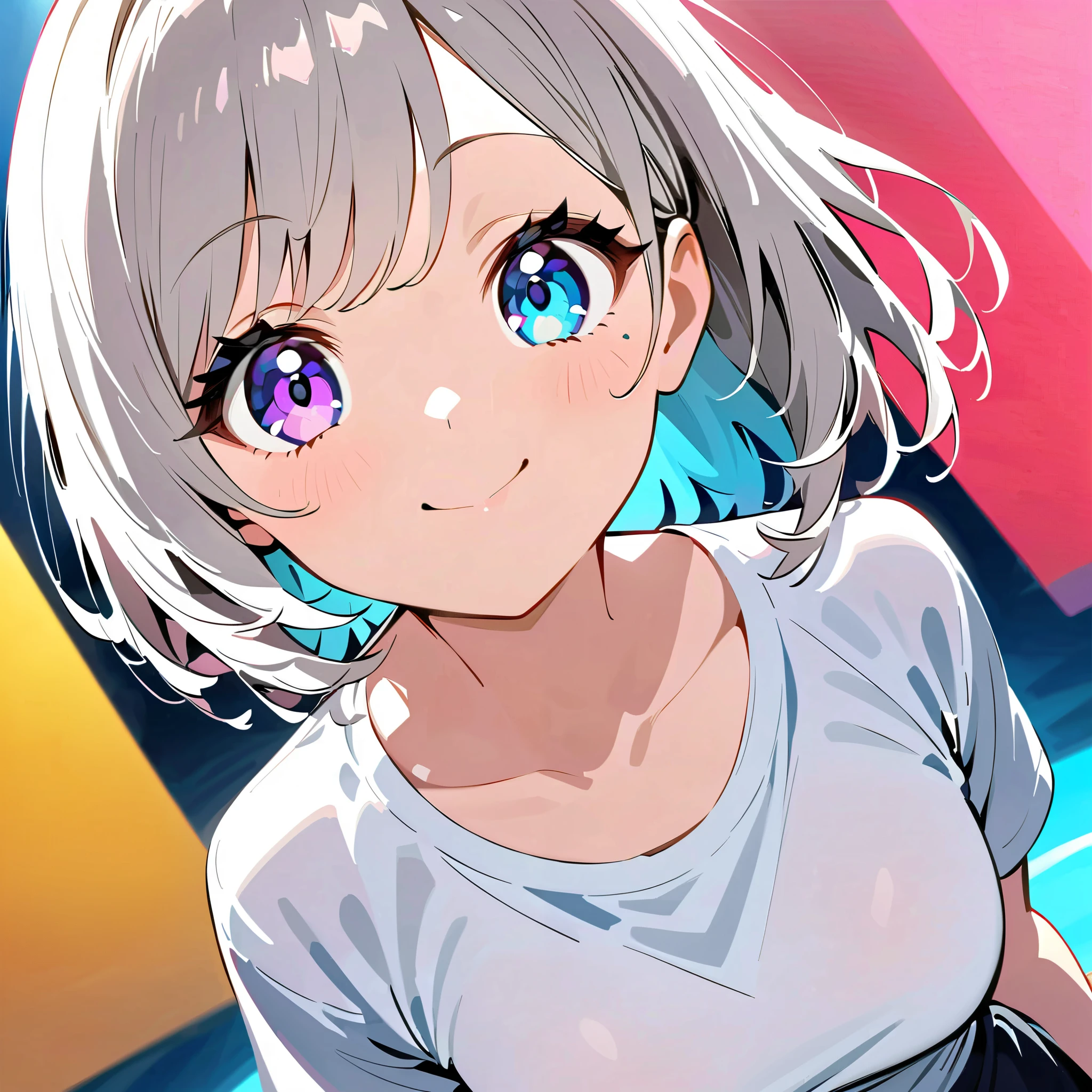 The perfect style for SNS icons, Ultra Precise Illustration , highly Details, dynamic angle, beautiful Details, 8k, A woman stares at them, break smiling amidst the colorful scenes.( top quality、 Masterpiece、 high resolution、 Details)Animeスタイル、 flat style 、( Eyeliner、 Details美しい顔), break, dynamic angle、Anime