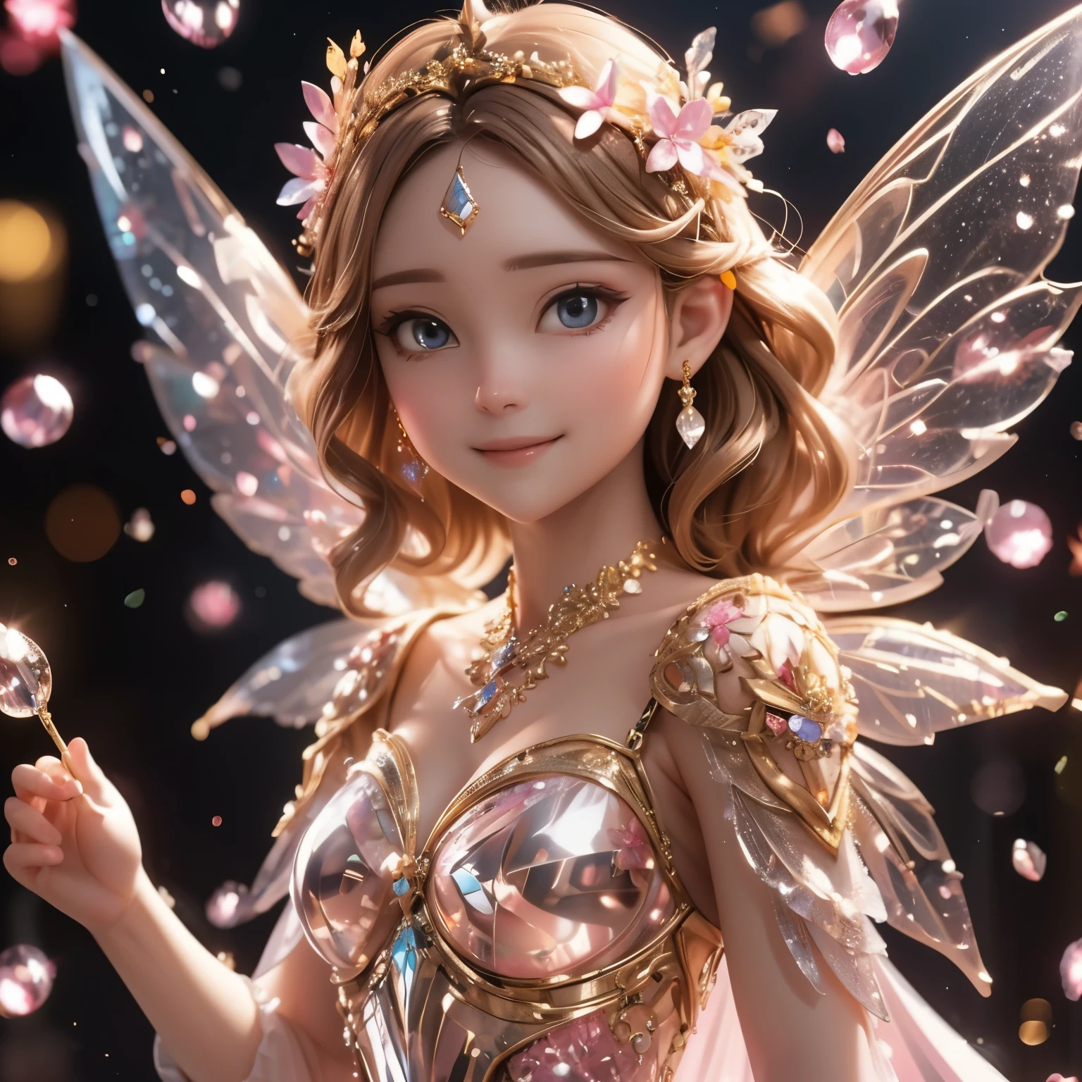 Top quality, Pastel painting, Gentle atmosphere, Fawn girl, Cute, White wings, Smiling happily, Short brown hair of different colors, A blue eye, A green eye, Dresses of different colors, flower hair ornaments, Upper body, looking at viewert, space, meteors, Light,
