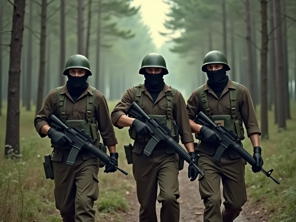 Soldiers in camouflage uniforms walking in the forest,The background is a fire, In Ukraine, soldier under heavy fire, , an escalating violent firefight, Operation of war, World War III, realistic apocalyptic war scene, tactical team in hell, soldiers charging the enemy, Military photography, Amazing visual effects",hight contrast,darkly,dystopian,be desperate,oppression,armed police,be desperate,riot,Revolutions,desolated,(1 person),defiance,rebellion。”