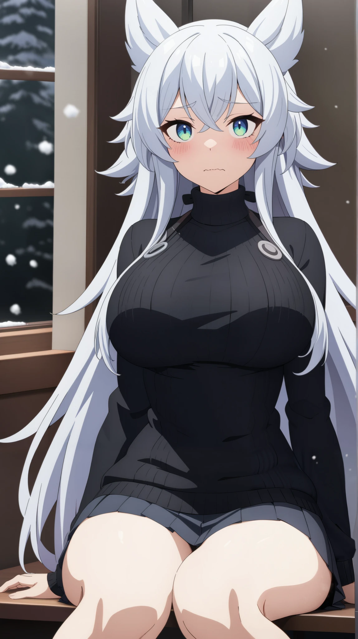 (masterpiece, best quality, very aesthetic, ultra detailed), intricate details, 1girl, fenrys, wolf girl, longhair, large breasts, black sweater, turtleneck sweater, pleated skirt, wavy mouth, blush, confused, sitting, indoors, window, snow, looking at viewer,