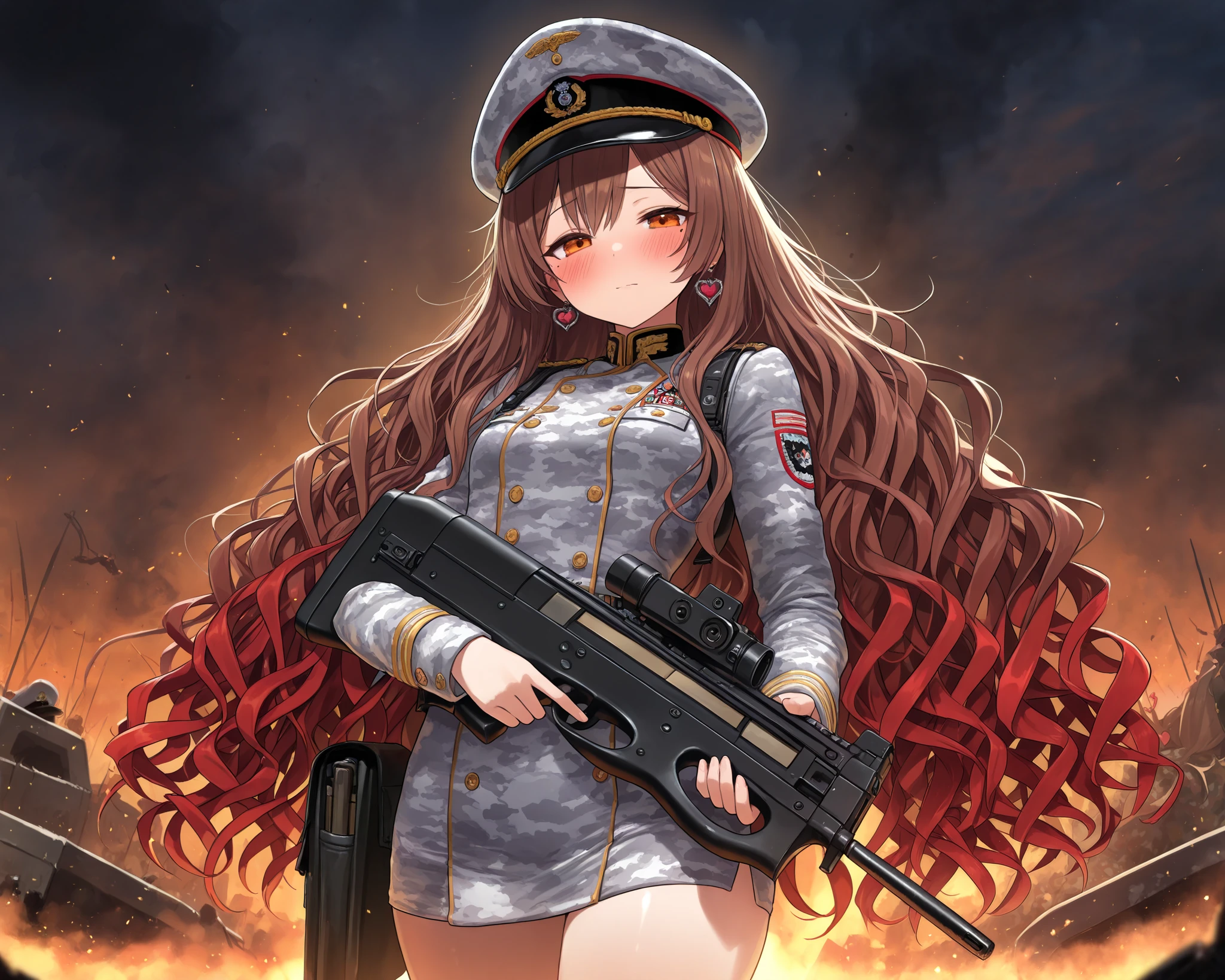 cowboy shot, very cute face, cute girl, solo, long hair, wavy hair, Tied hair, ((brown hair with red ends)), Mole under the left eye, half closed eyes, orange eyes, flat breasts, military costume, military cap, white gray camouflage patterns, heart Pierced earrings, blush, Submachine gun(p90), Aim at the enemy with an Submachine gun(p90), battlefield,
flawless smooth skin,
particles, fractal, (best quality,4k,8k,highres,masterpiece:1.2),ultra-detailed,intricate details, high fashion, dramatic lighting, warm colors, chiaroscuro