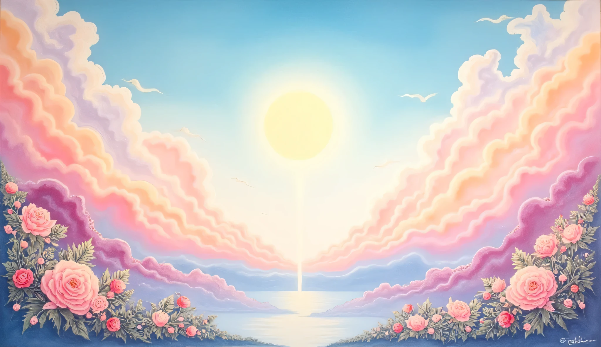 Mural Thai painting. Art. soft tone. Thai Heaven. bright sky. cloudy sky. Beautiful. the small sun in the middle.