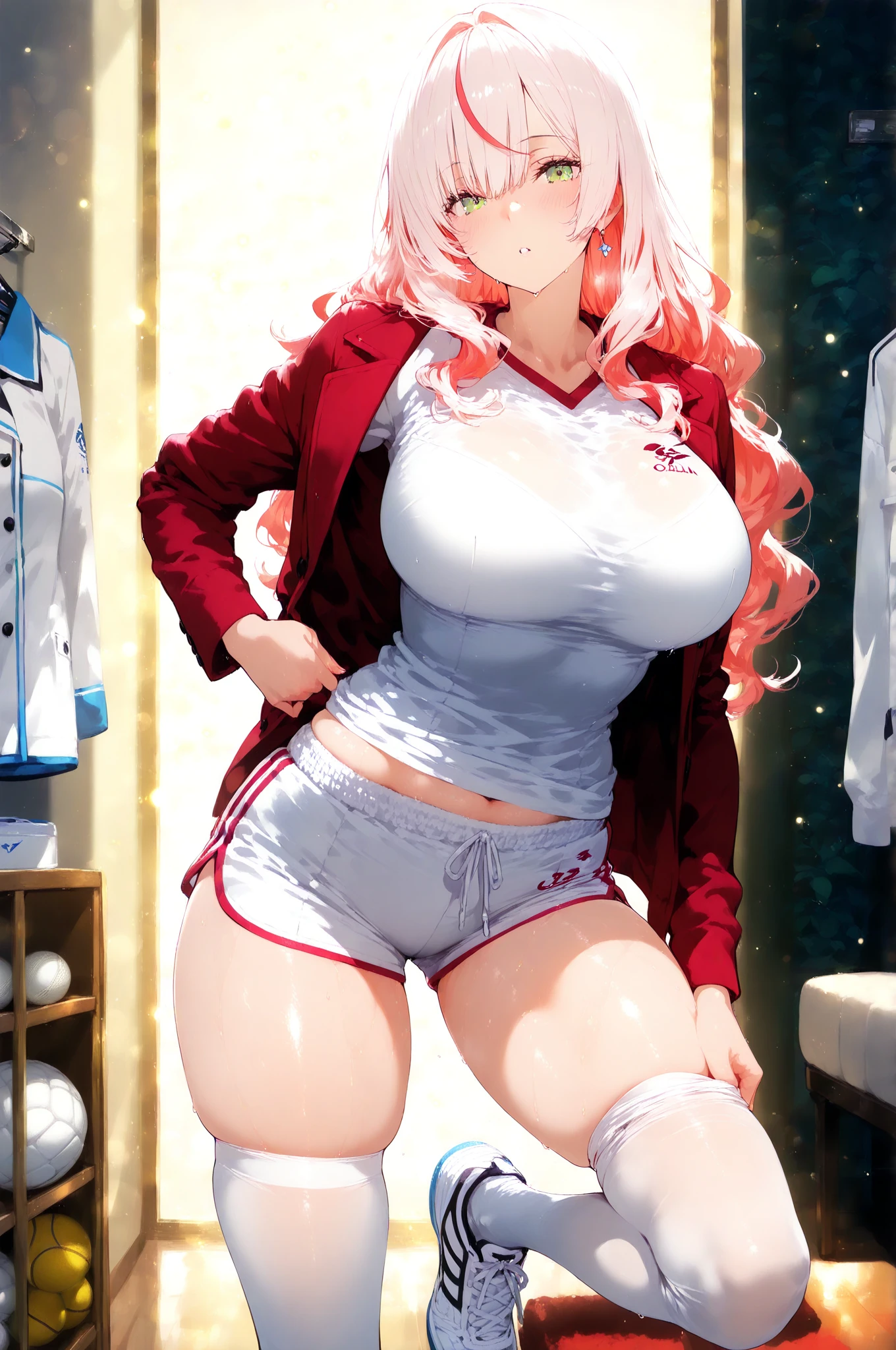 The best masterpiece、high resolution、Wolf Girl, Large Breasts, Voluminous, messy, light red hair, masterpiece , Red eyes, hd, Head to Chest, Put in your chest、 tooth、Double teeth,, On the bed、Thick thighs、Grinning、Knitted sports bra、Open your mouth、Hooded jacket、Big Breasts、Wearing a hood