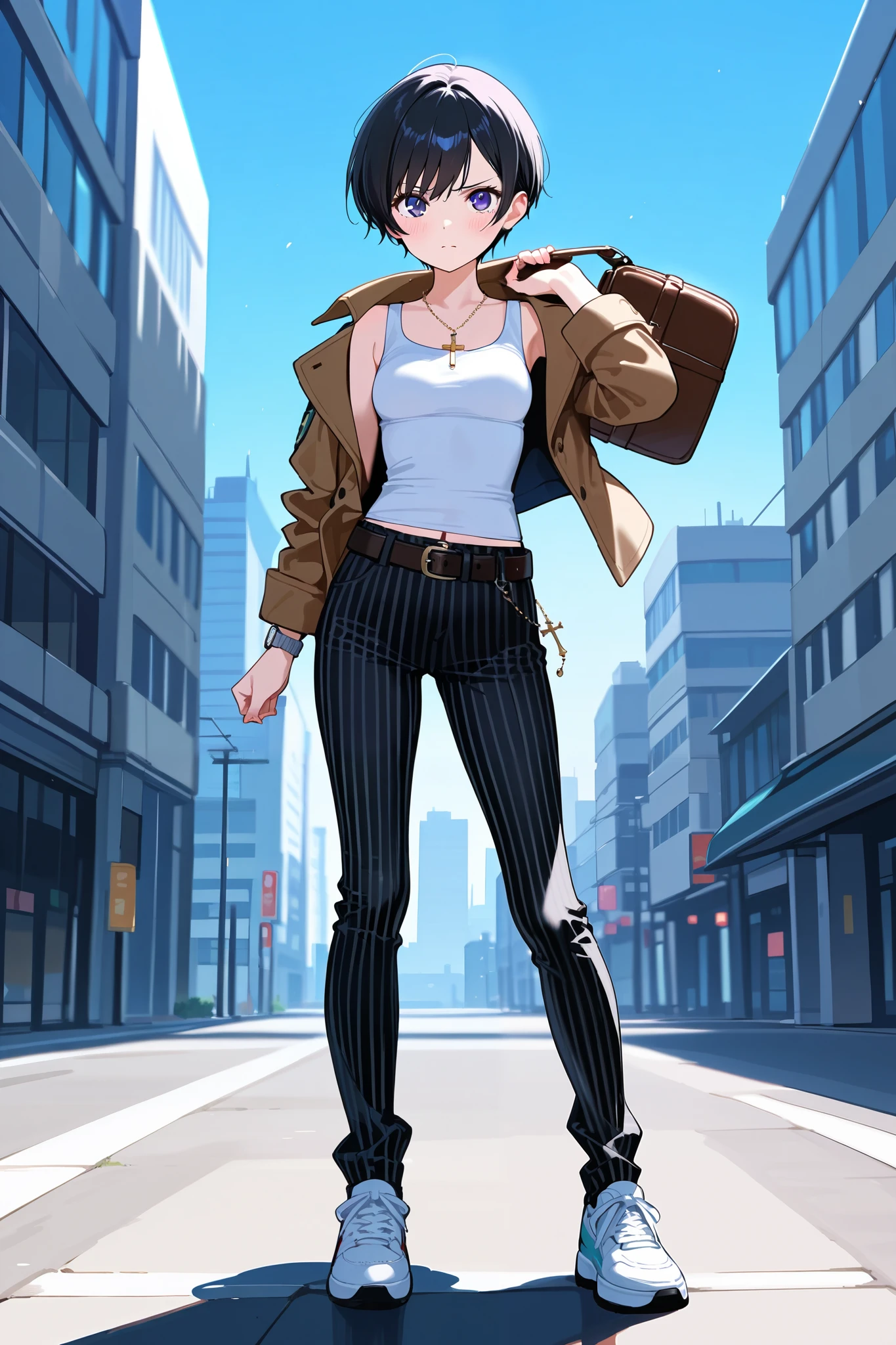 masterpiece, best quality, high quality, detailed, highly detailed, professional quality, BREAK, front view, full body, BREAK, 1girl, slim, black hair, short hair, pixie cut, slant eyes, violet eyes, small breasts, beautiful breasts BREAK, cropped tank top under military jacket, dark khaki military jacket ,white tank top,(midriff peek : 0.8), shirt untucked, BREAK, (black pinstripe pants), cropped pants, belt, BREAK, sneakers, BREAK, silver watch, BREAK, brown messenger Bag, leather bag, put bag over own shoulder, BREAK, rosary, cross necklace, necklace, BREAK, shy, angry, looking at viewer, standing, dynamic pose, BREAK, blue sky, city, bustling Tokyo street