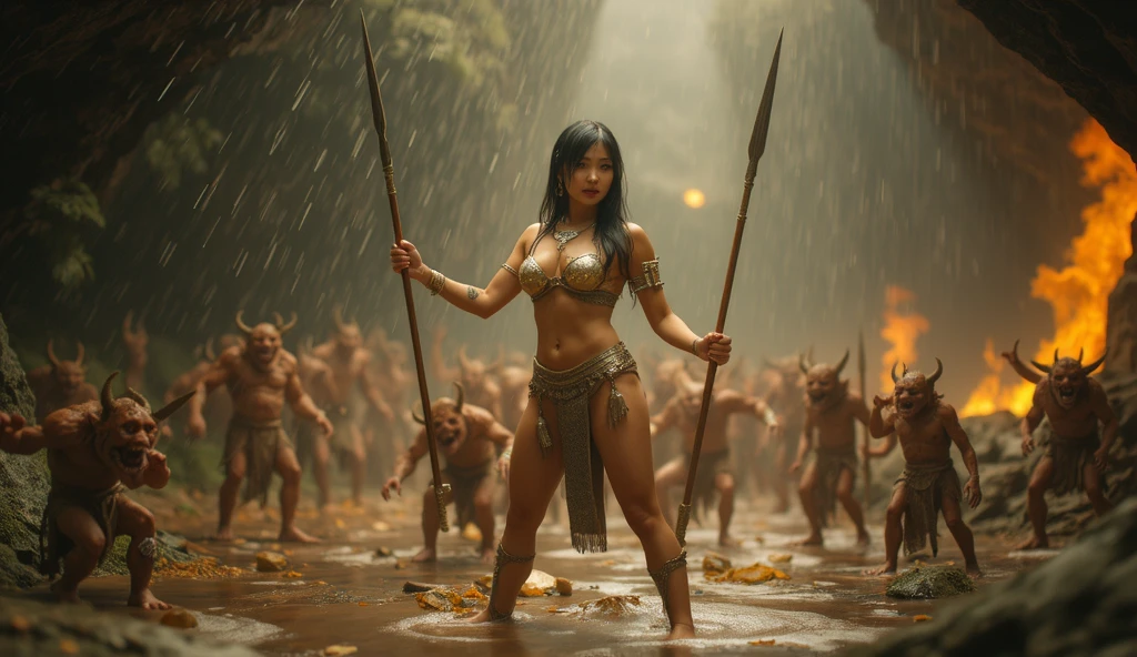 A vividly rendered, ultra-realistic scene of a group of nude, wild females from a primitive Korean cannibal tribe emerging from the dense foliage of a lush jungle. Their skin is covered with dirt, mud and blood telling a story of their feral lives and grisly conquests. They are wearing a broken skimpy loincloth made from animal hide.Their eyes gleam with a mix of excitement and hunger as they surround a terrified, nude blond korean female, her skin glistening with sweat and fear. She struggles valiantly, her ample breasts heaving with exertion and her curvy body contorted in a futile attempt to escape their grasp. The tribe members are muscular and fierce, their teeth bared and their expressions savage. In the background, a smoldering campfire sends plumes of smoke into the air, hinting at the grim fate that awaits the captive. She so scared excrement come out from her buttock and her vagina dripping liquid. The foliage is so intricately detailed that you can almost feel the dampness and heat of the jungle enveloping the scene. The blond female's blue eyes are wide with horror, reflecting the flaming torches that illuminate the macabre dance of shadows across the taut, muscular bodies of her captors. The image captures the raw power dynamics and the stark contrast between the innocent prey and the hardened predators, leaving the viewer with an unsettling yet undeniably engaging tableau of primal instinct and the darker side of human nature.
