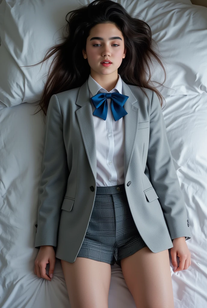 (masterpiece:1.2), super high quality, japanese girl, (super realistic), (super photographic style), 1girl, straight hair, (18 years old), large tits, (((school uniform))), lying on her back on a bed, head on the pillows, ((closed eyes)), ((legs spread)), 