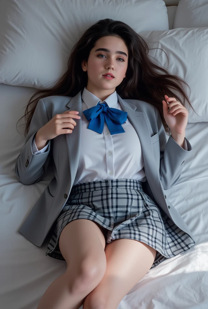 (  Masterpiece,    TOP QUALITY:1.5), 
 1 beautiful girl lying on her back in bed ,    alone, 
 beautiful teenage innocent girl Jennifer Connelly  ., 
 Composition Looking Down from Directly Above   ,     Wide angle view, A picture from the top of the head to the knee,Her beautiful profile  .,
 eyes are meditating, Mouth slightly open, Hands are lowered straight to the side of the body.,
 wearing a light gray blazer school uniform, white shirt, blue bow tie, and plaid mini skirt.,
   the white color of her white skin stands out     .,
  without makeup, No eye makeup  ,    not applying lipstick   ,
  shiny white skin   ,   sweated、
 high nose looking up   , Shiny long straight black hair , 
Large firm breasts, Slender Long Hands and Legs  , Broad shoulders, 
   the white color of her white skin stands out     ., Slender thighs with firm muscles, long, beautiful legs wide open ,
  bright natural light shines on her face    .,
  Sunny bedroom, I can see a glimpse of my white panties , She has a defenseless vibe , 