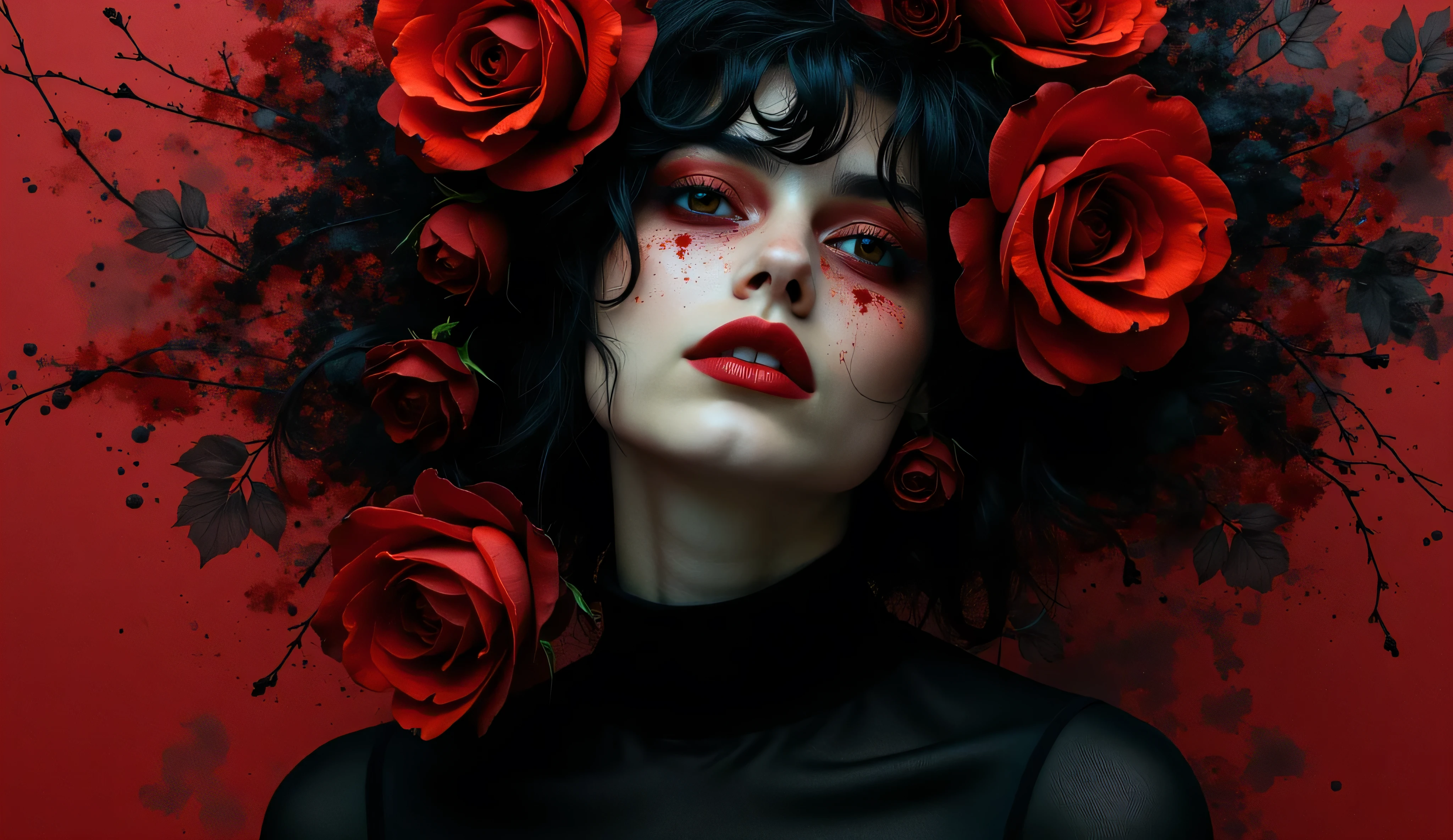 A woman with black hair and lips, wearing a black top,  adorned with an abundance of large, dark roses that cascade over her face and shoulders, set against a dark red  and black background, double exposure Monet brushstrokes, ink splashs