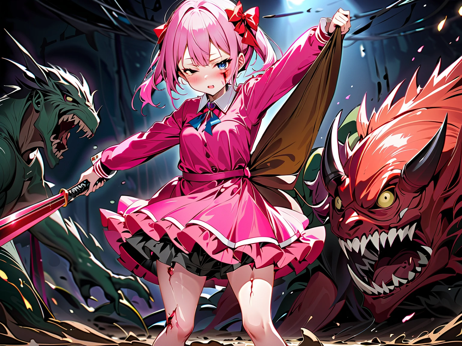 masterpiece, (((goblinriding, a goblin is riding a girl))), goblin, multiple goblins, goblins, (((all fours))), 1girl, (naked:1.1), (nose hook), reins, collar, chain, rope, obey, happy trance, smile, hair ornaments, expressionless, emotionless, blank eyes, empty eyes, mind control, horror, monster, glowing eyes, cheria barnes, pink hair, pink eyes, medium hair, medium breast, BUTTERFLY BROOCH, RIBBON, BOW,