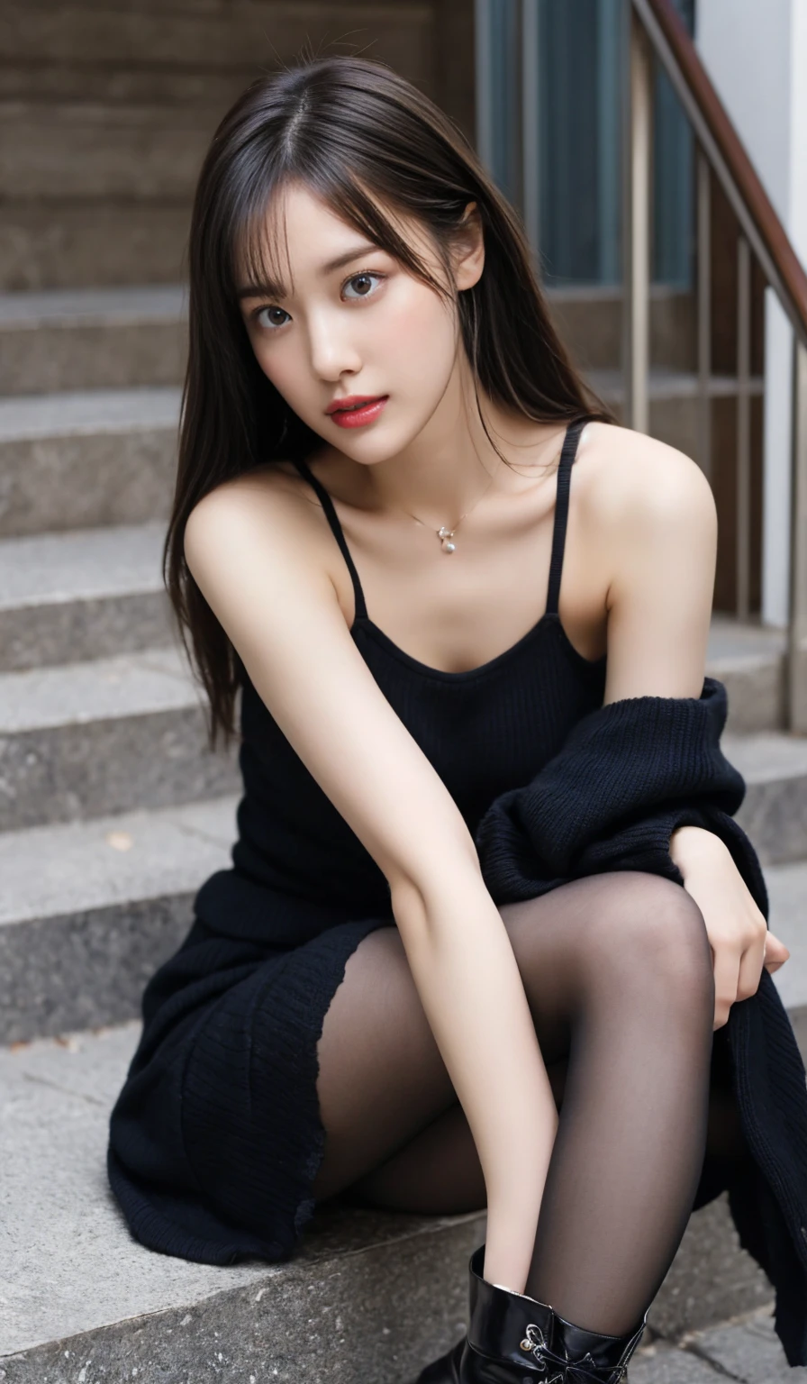Highest quality、Masterpiece、Ultra-high resolution、((Full body pose:1.2))、Raw photo、One Girl、Castle garden、Sitting、Red lipstick、((Black Mini Dress))