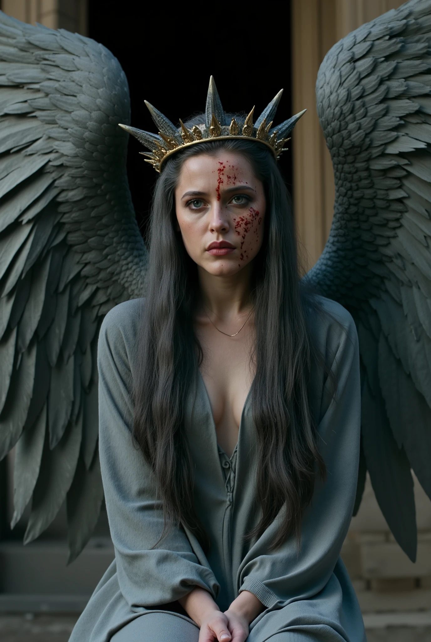 full body of beautiful angelic woman with large feathered gray wings, scars and wounds on the face and over the body, suffering face, dark grey long hair, detailed fantasy portrait, grey robes over the chest, exquisite female angel as a mystical valkyrie, ruined temple background, wearing a spikey wooden crown, hyperrealistic, octane render, intricate wings, piercing eyes, delicate features, flowing hair, dramatic lighting, vibrant colors, highly detailed, cinematic composition, masterpiece, 8k, front view, she is sittinf over her knees
