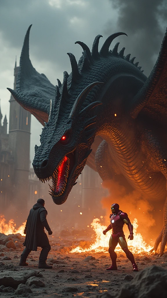 Crie o (((batman dressed as a ninja))) flying on a dragon, the dragon must be black and must be breathing fire