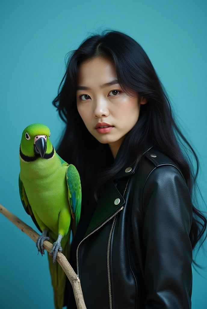 A woman with long black curly hair.
With a green parrot with a red head