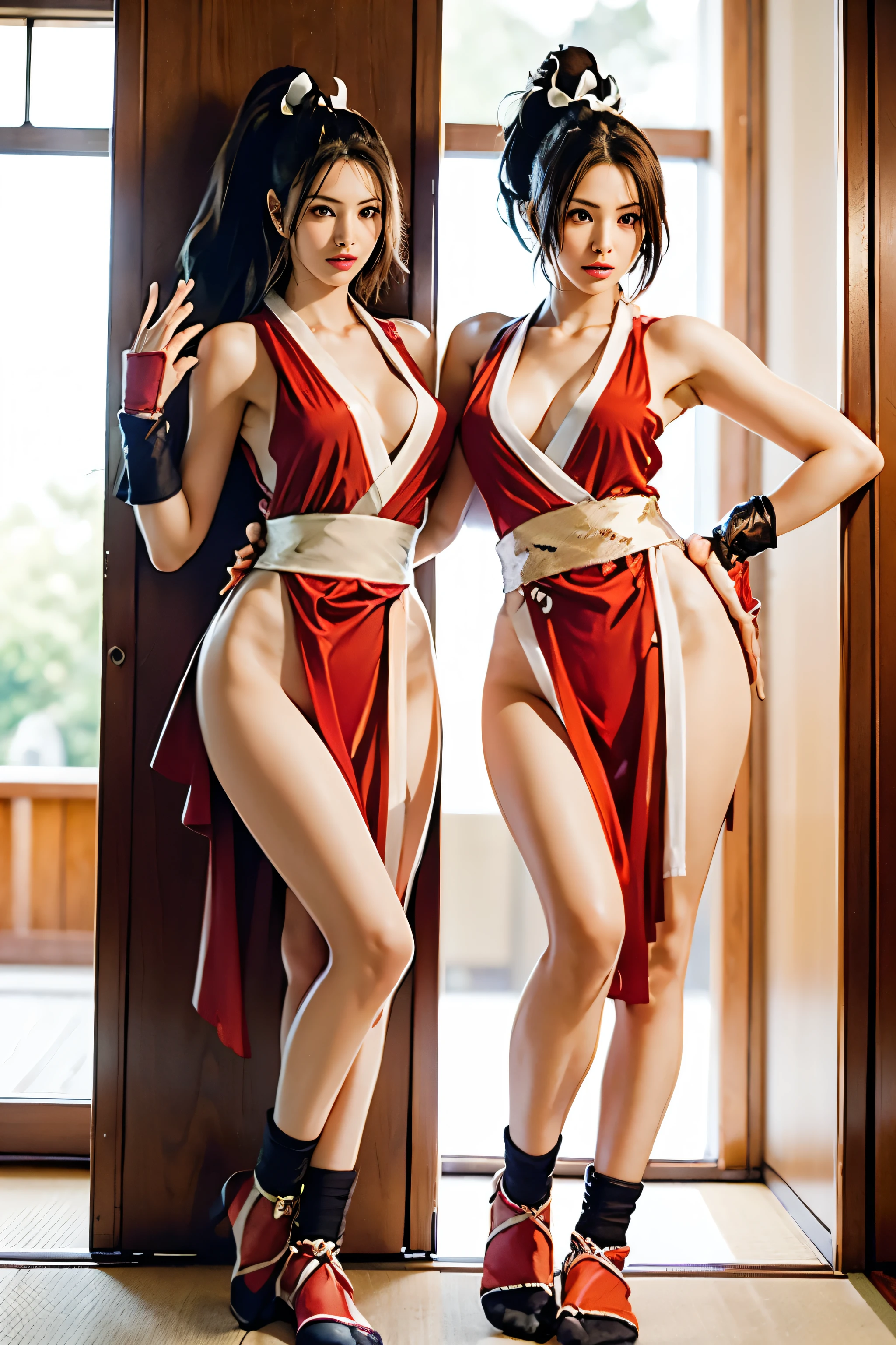 (mai shiranui:1.5), (tabi:2.0), (toe:1.2), (Full body portrait:2.0), Full body, (Realism), (masutepiece:2.0), (Best Quality), (ultra-detailliert), (8K, 4K, Convoluted), (Flat Lighting:1.2), (skinny), Prestige, Brown eyes, Long hair, Brown hair, White ribbon, Sleeveless, poneyTail, sash, pelvis curtain, arm guards, mitts, fascinated expression, Sexy eyes, medium breasts, Smile, Cute, view the viewer, Long hair, Close to Japan temple, (breasts focus:1.2), (Realistic:1.2), (Full Shot: 1.2), (85 mm), light Particle, Lighting, (Highly detailed:1.2), (Detailed face:1.2), (gradients), SFV, Colorful, (Detailed eyes:1.2), (Detailed temples of Japan: 1.2),(Detailed background), (Dynamic Angle:1.2), (Dynamic Pose:1.2), (Line of action:1.2), Wide Shot, Daylight, Solo.