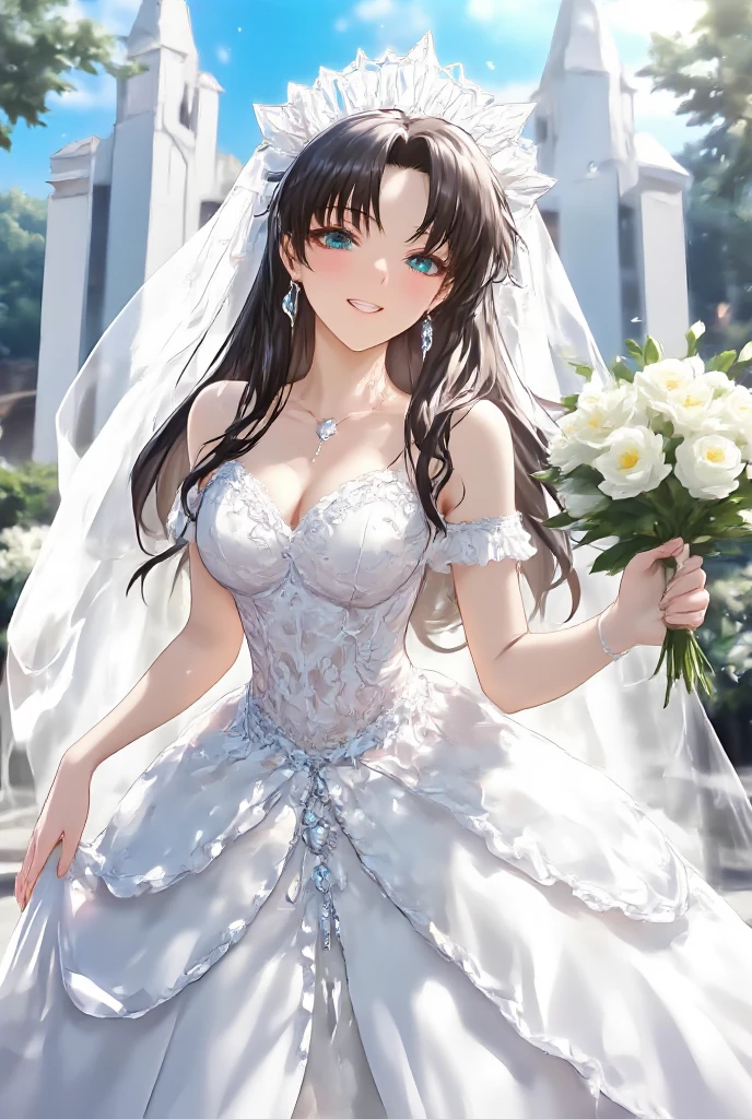 sksbrooke person, sksbrooke, (masterpiece:1.2), (best quality:1.2), perfect eyes, perfect face, 1girl, solo, brown eyes, (medium breasts), perky breasts, seductive look, pink wedding dress, walking down the ailse in a church, sun ray in background from window, hold bouquet of flowers, sitting down, close up, smiling