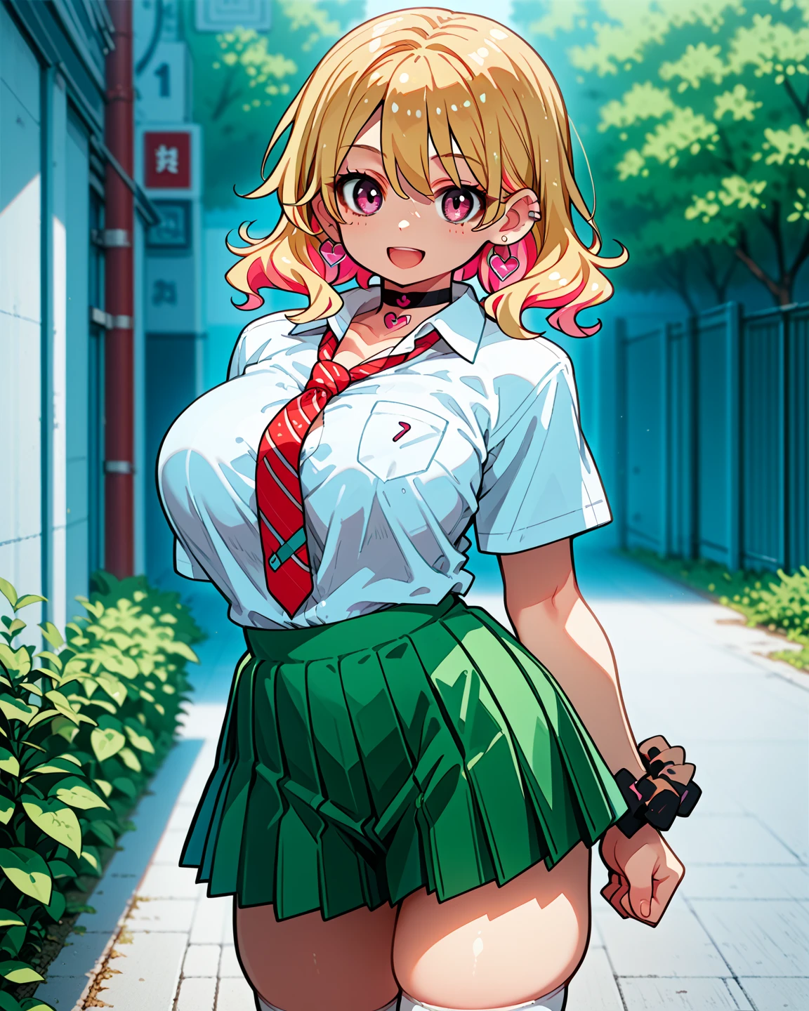 score_9, score_8_up, score_7_up, source_anime, ((m18+)), 1girl, solo, long hair, blonde hair, pink hair, multicolored hair, hair ornament, ponytail, green eyes, large breasts, bracelet, scrunchie, wrist scrunchie, gyaru, smile, looking at view, school uniform, white skirt, short sleeves, green bowtie, green skirt, pleated skirt, necklace, heart, clothes around waist, earrings, outdoors, standing