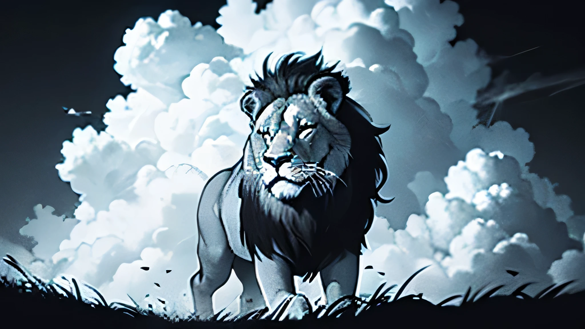 lion made of clouds,long cloudy messy hair,shine effect,hyper-realistic ultra realistic photo,black and white ink style,inky,8k, High Quality
